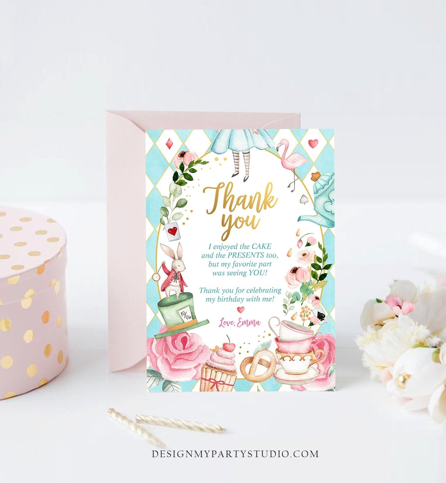 Editable Alice In Wonderland Thank You Card Girl Blue First Birthday Onederland Tea Party Thank You Printable Template Corjl Digital 0350