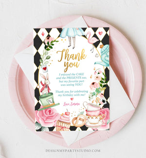 Editable Alice In Wonderland Thank You Card Girl Blue First Birthday Onederland Tea Party Thank You Printable Template Corjl Digital 0350