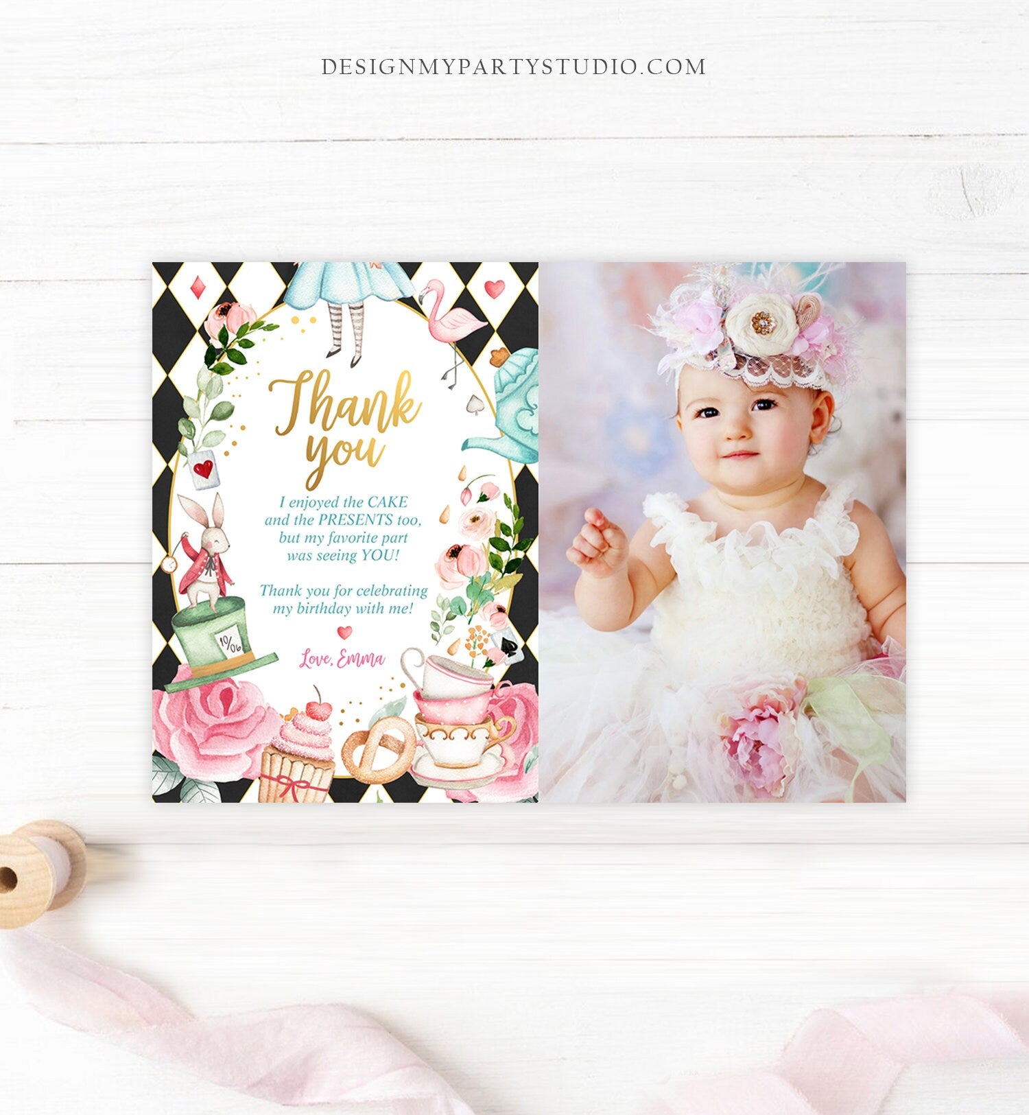 Editable Alice In Wonderland Thank You Card Girl Black First Birthday Onederland Tea Party Thank You Printable Template Corjl Digital 0350