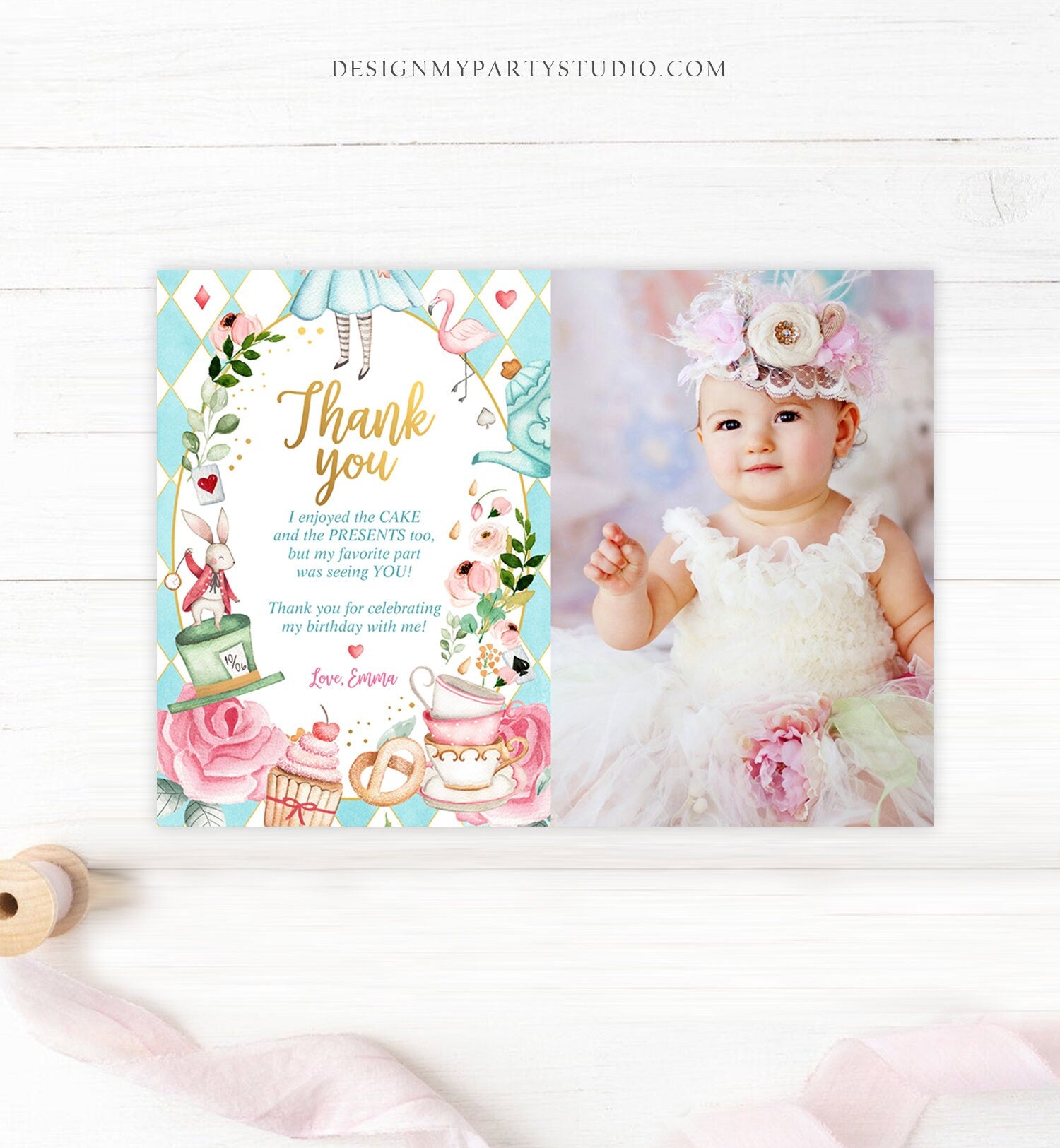 Editable Alice In Wonderland Thank You Card Girl Blue First Birthday Onederland Tea Party Thank You Printable Template Corjl Digital 0350