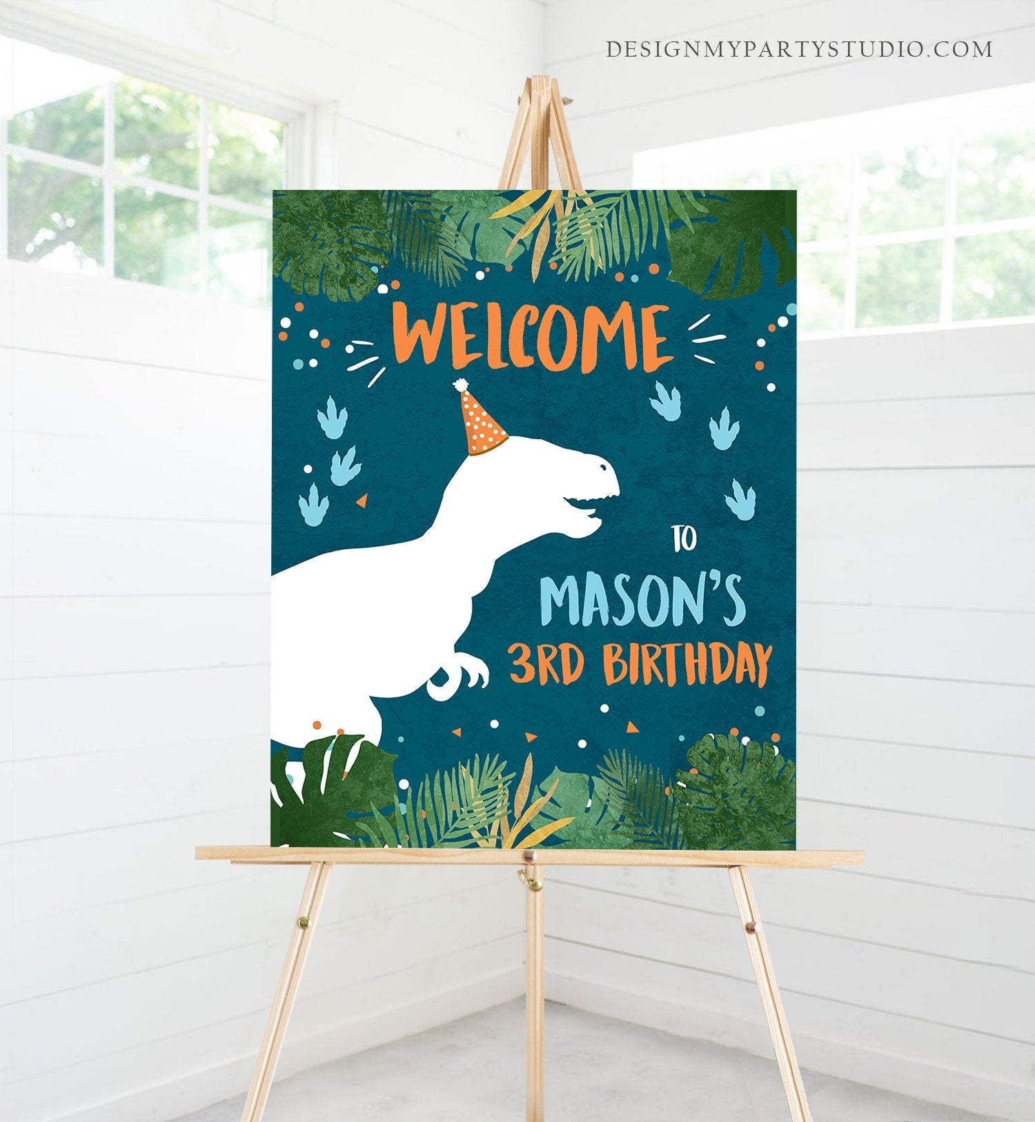 Editable Dinosaur Welcome Sign Boy Green Blue Dino Dig Party Dinosaur Birthday Sign Table Sign Download Corjl Template PRINTABLE 0378