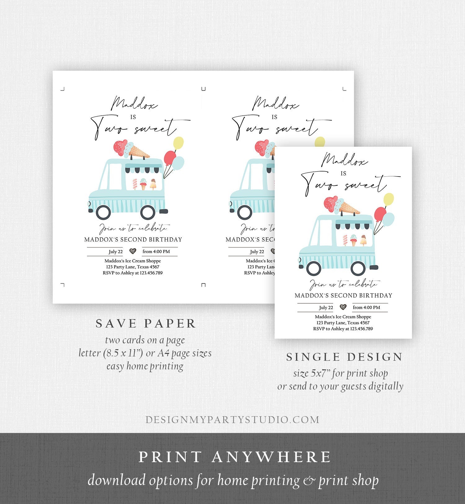 Editable Ice Cream Truck Birthday Invitation Ice Cream Two Sweet Modern 2nd Birthday Party Two Second Download Printable Template Corjl 0415