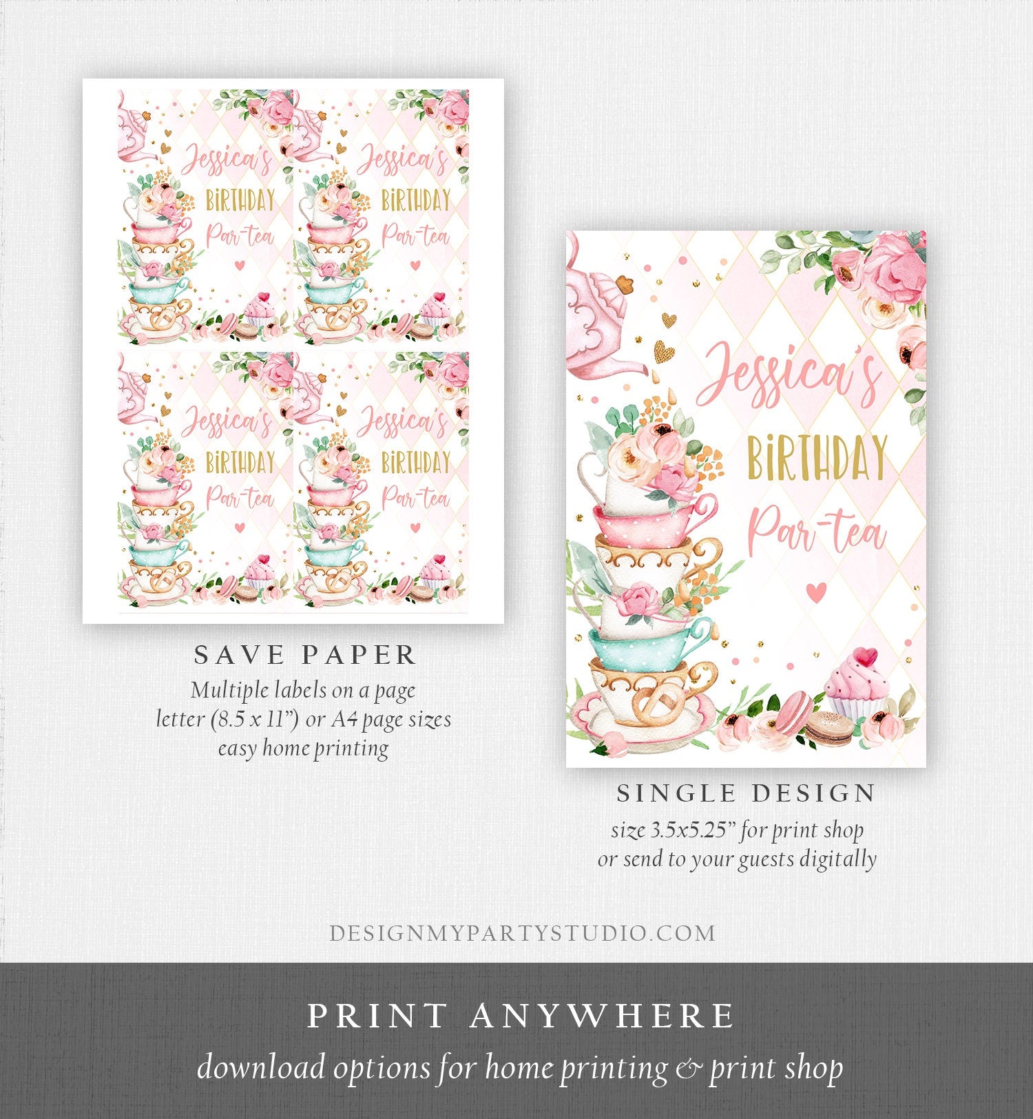 Editable Tea Party Capri Sun Labels Juice Pouch Labels Floral Tea Birthday Girl Pink Gold Par-tea Download Corjl Template Printable 0349