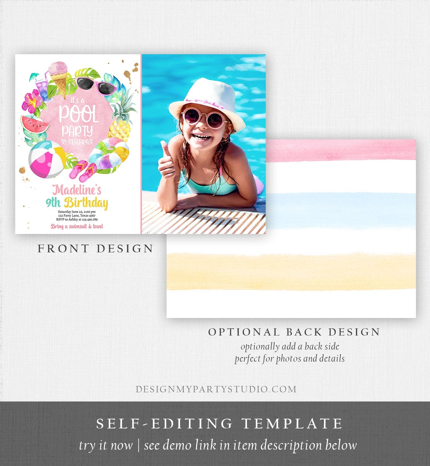 Editable Tropical Pool Party Birthday Invitation Splish Splash Birthday Bash Girl Pineapple Download Printable Invite Template Corjl 0414