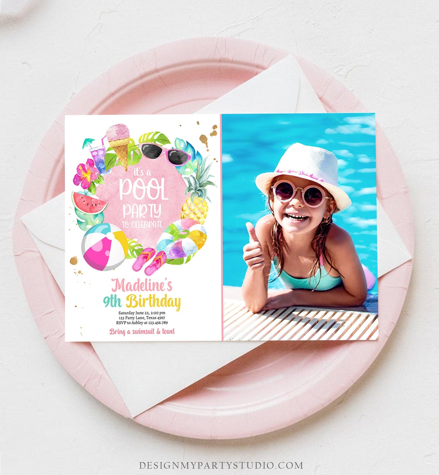 Editable Tropical Pool Party Birthday Invitation Splish Splash Birthday Bash Girl Pineapple Download Printable Invite Template Corjl 0414