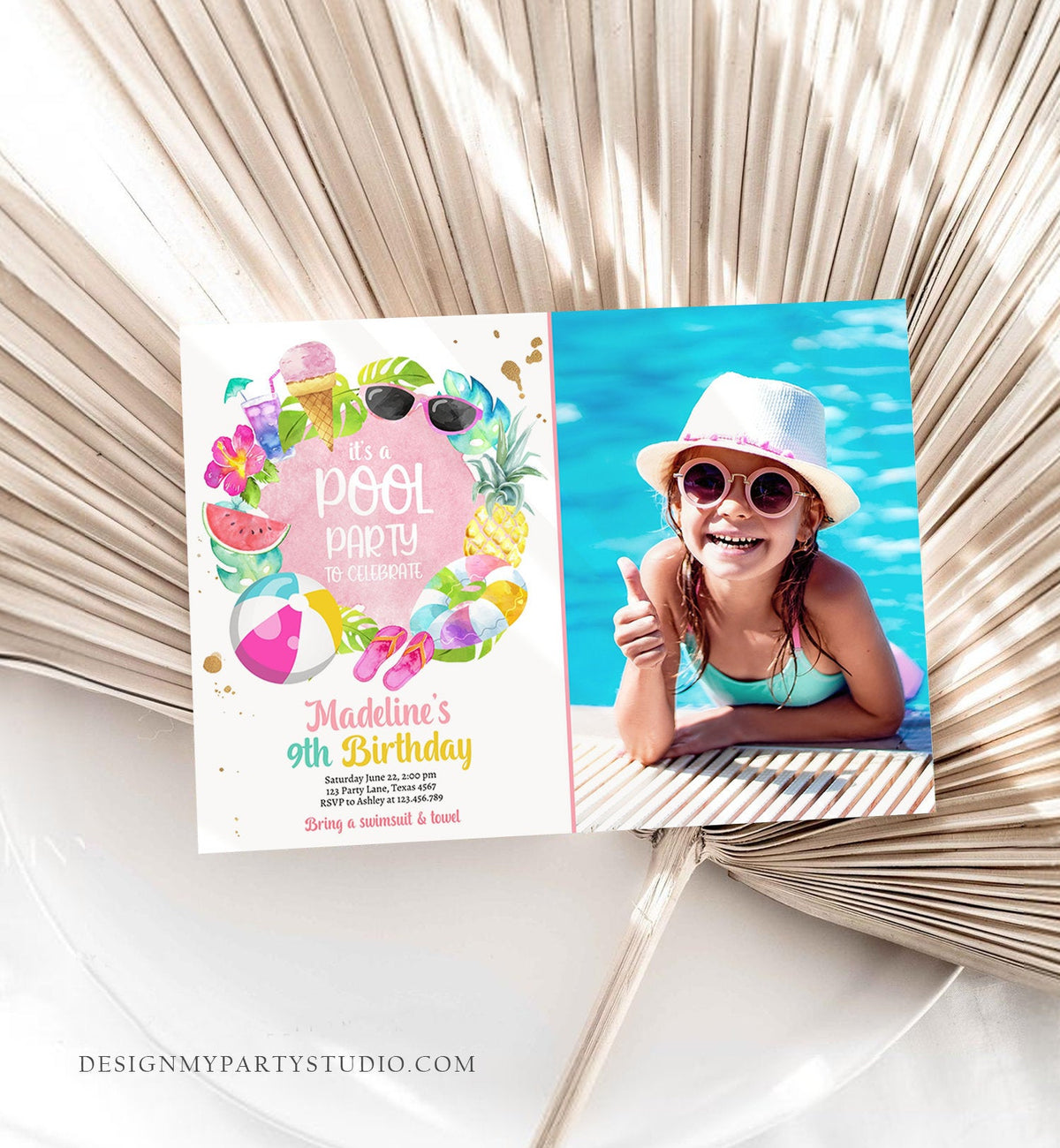 Editable Tropical Pool Party Birthday Invitation Splish Splash Birthday Bash Girl Pineapple Download Printable Invite Template Corjl 0414