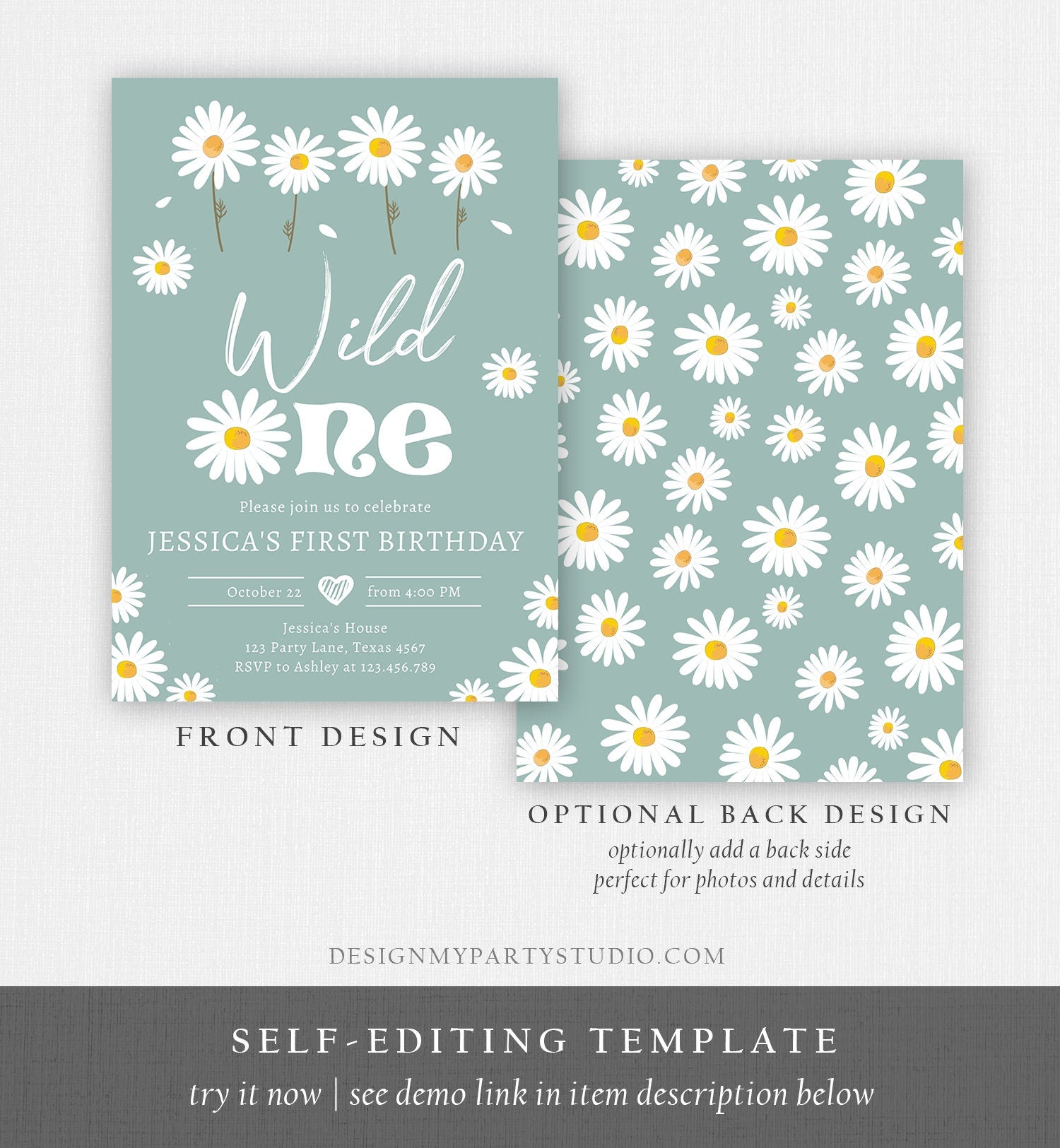 Editable Daisy Birthday Party Invitation Wild One Floral Girl Boho Dusty Blue First Birthday 1st Download Template Corjl Printable 0410