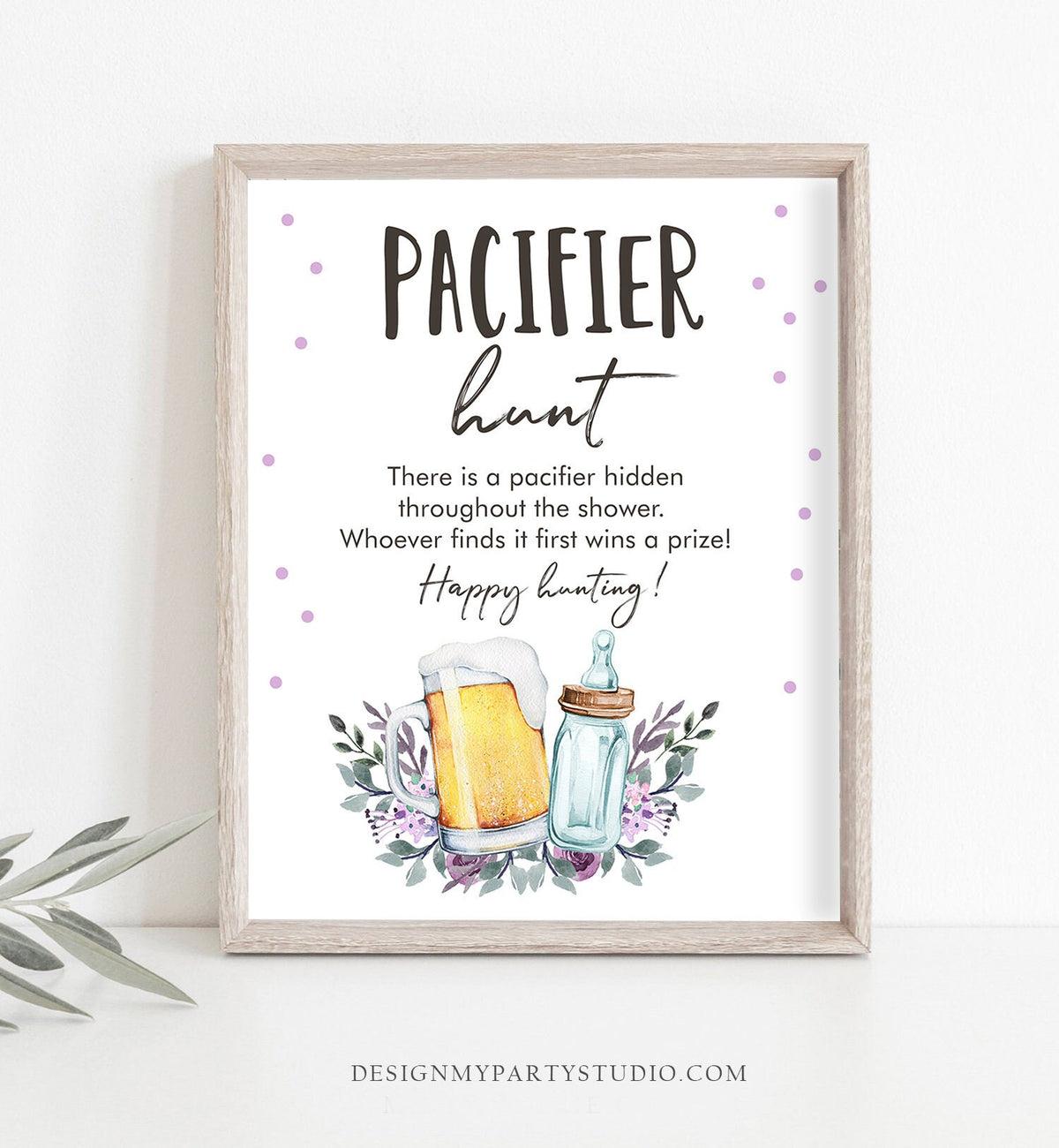 Pacifier Hunt Sign Table Decor Baby is Brewing Sign Bottles and Beers Greenery Baby Shower Game Pacifier Game Purple Lavender PRINTABLE 0190