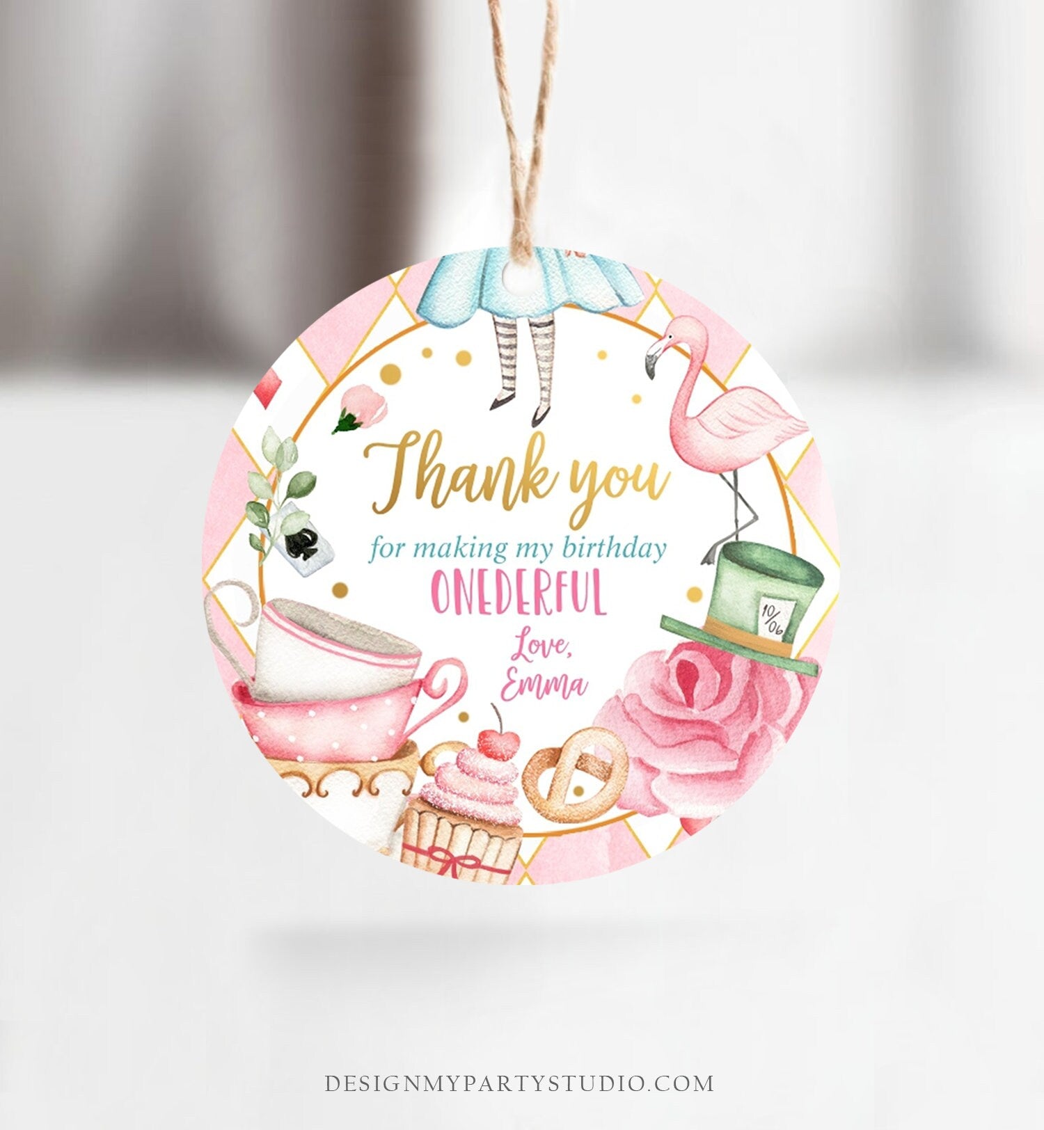 Editable Alice in Onederland Thank You Favor Tags Round Stickers Alice Birthday Tea Party Alice in Wonderland Printable Corjl Template 0350