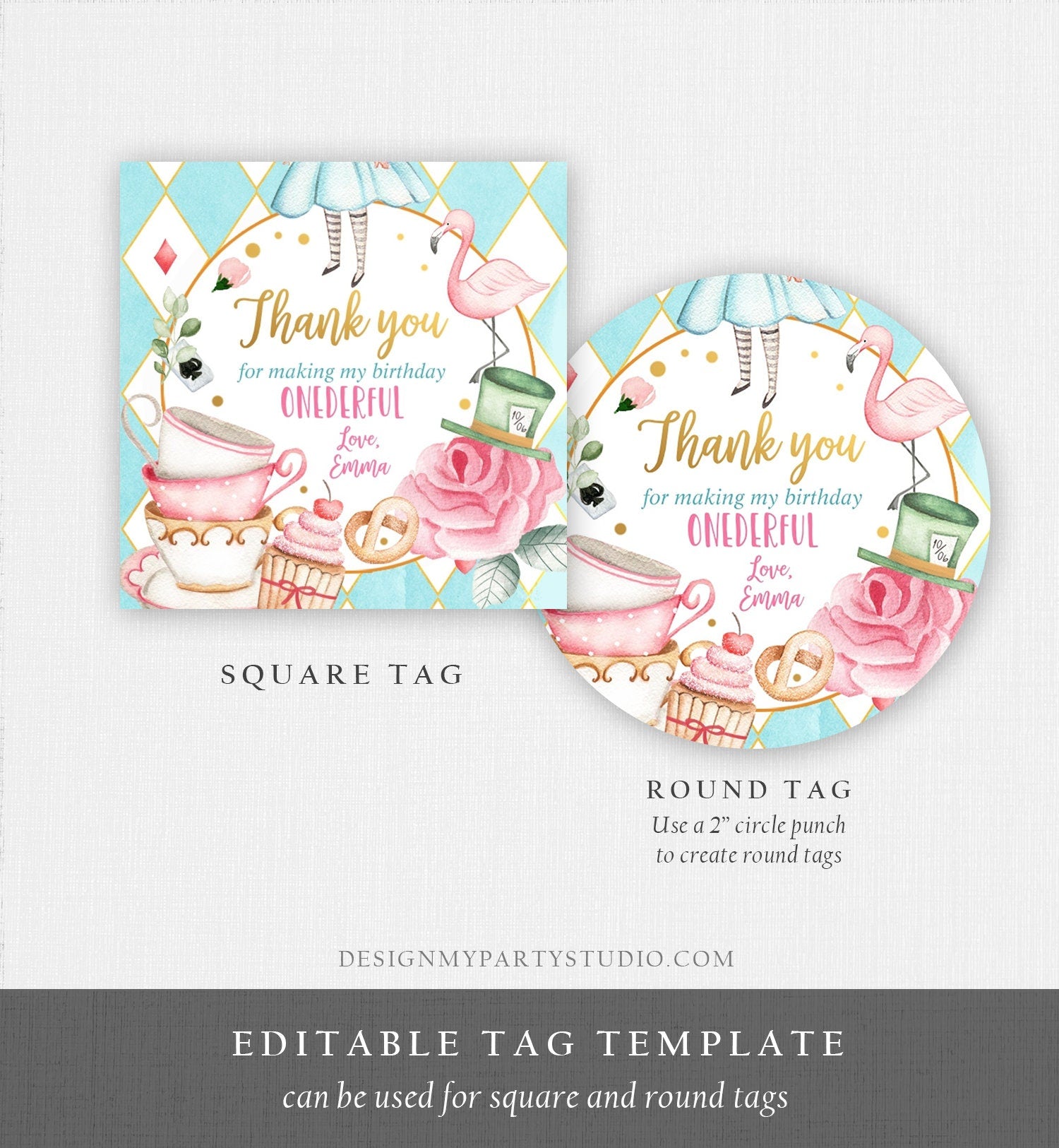 Editable Alice in Onederland Thank You Favor Tags Round Stickers Alice 1st Birthday Tea Party Alice Wonderland Printable Corjl Template 0350