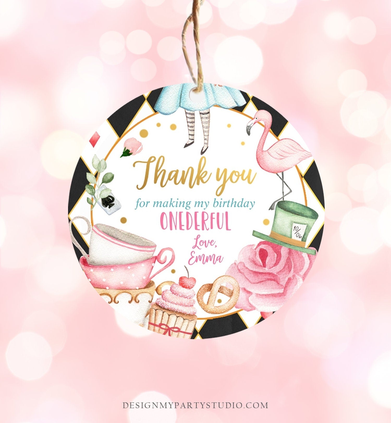 Editable Alice in Onederland Thank You Favor Tags Round Stickers Alice 1st Birthday Tea Party Alice Wonderland Printable Corjl Template 0350