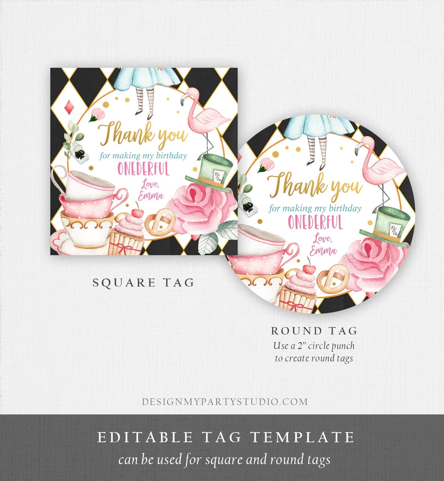 Editable Alice in Onederland Thank You Favor Tags Round Stickers Alice 1st Birthday Tea Party Alice Wonderland Printable Corjl Template 0350