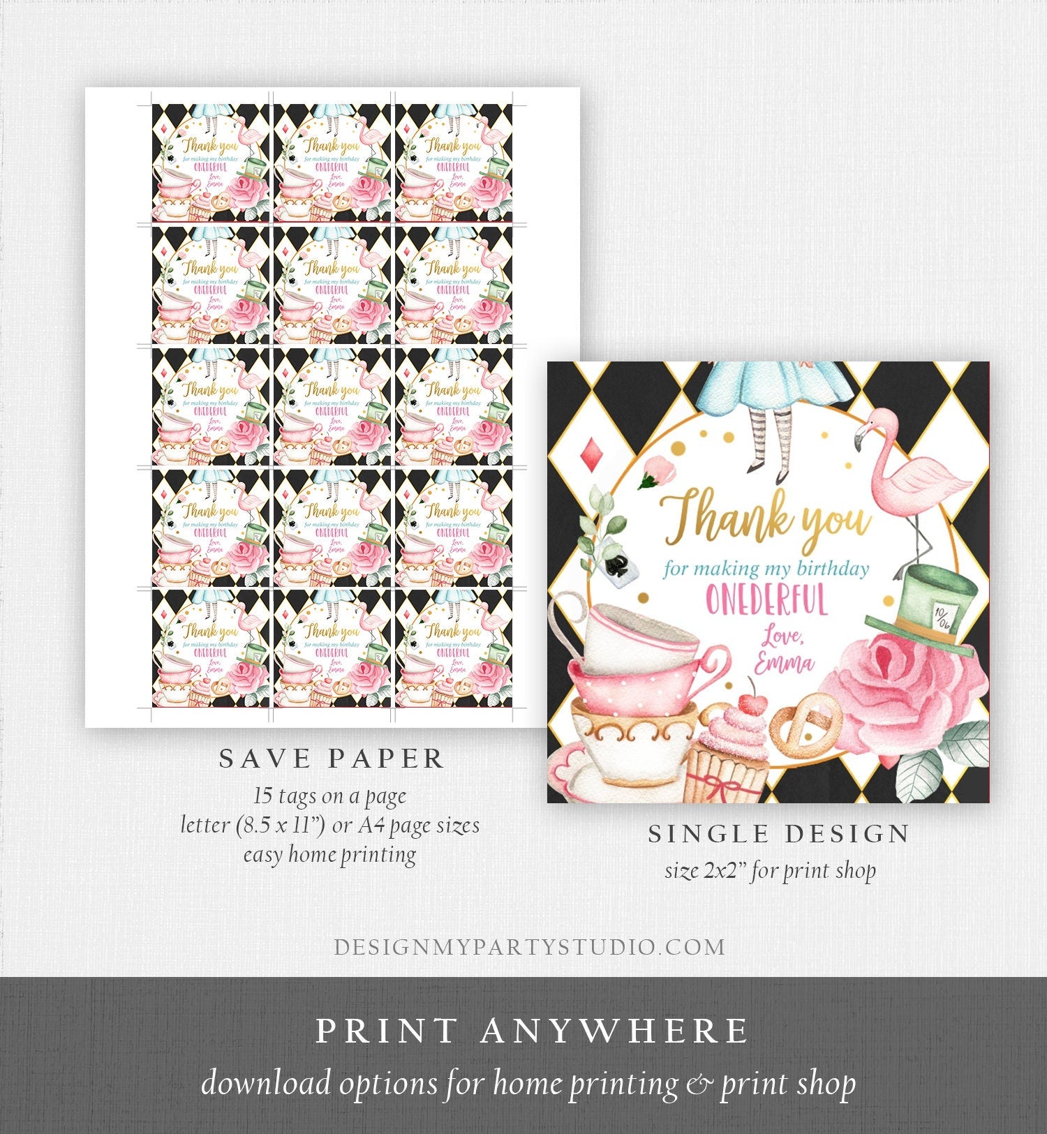 Editable Alice in Onederland Thank You Favor Tags Round Stickers Alice 1st Birthday Tea Party Alice Wonderland Printable Corjl Template 0350