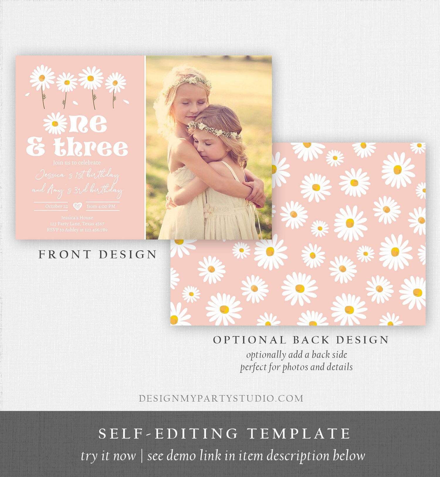 Editable Daisy Birthday Party Invitation 1st Birthday One and Three Party Boho Girl Sisters Download Printable Template Corjl Digital 0410