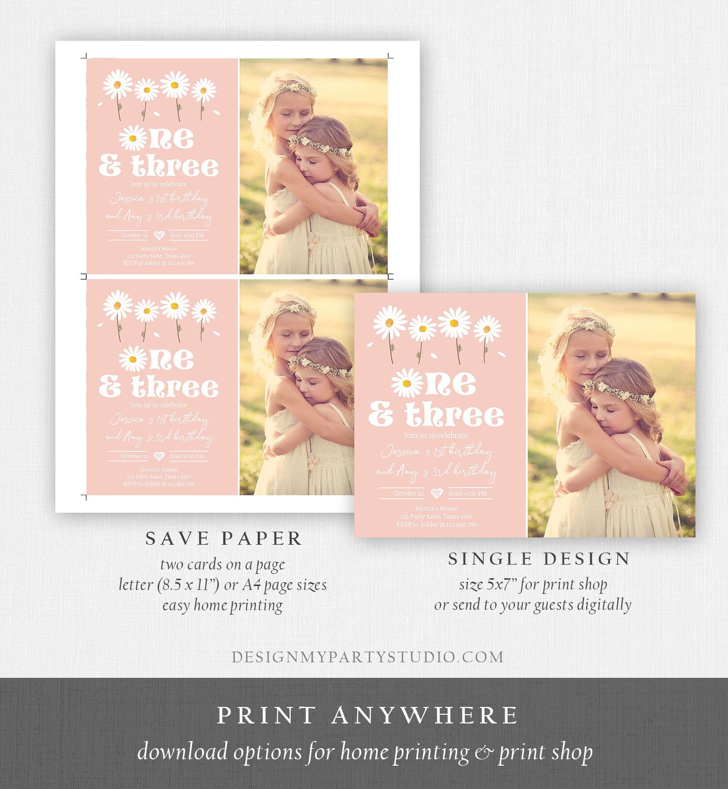 Editable Daisy Birthday Party Invitation 1st Birthday One and Three Party Boho Girl Sisters Download Printable Template Corjl Digital 0410