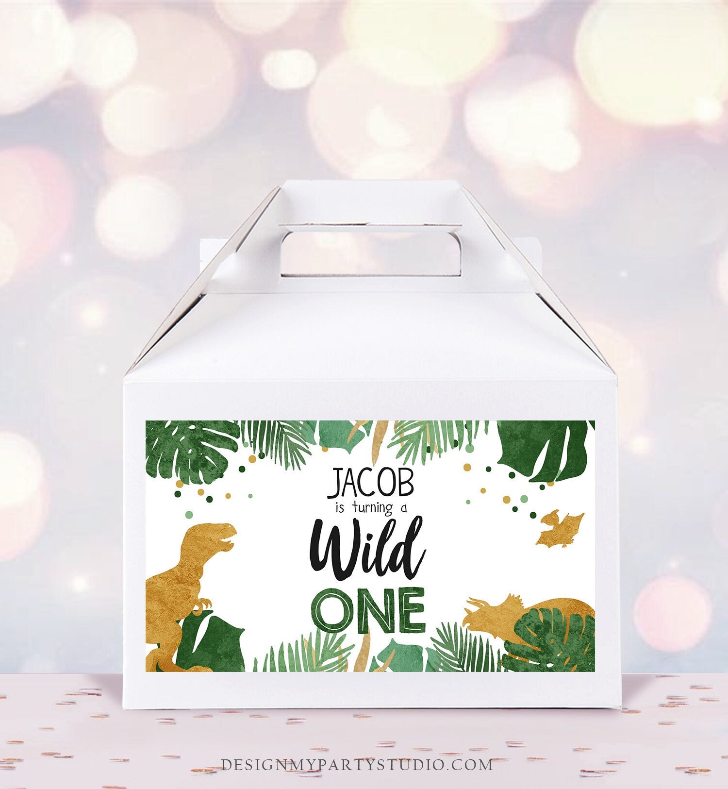 Editable Dinosaur Birthday Gable Gift Box Labels Party Animals Gold Green Wild One Safari First Birthday Boy Digital Corjl Printable 0146