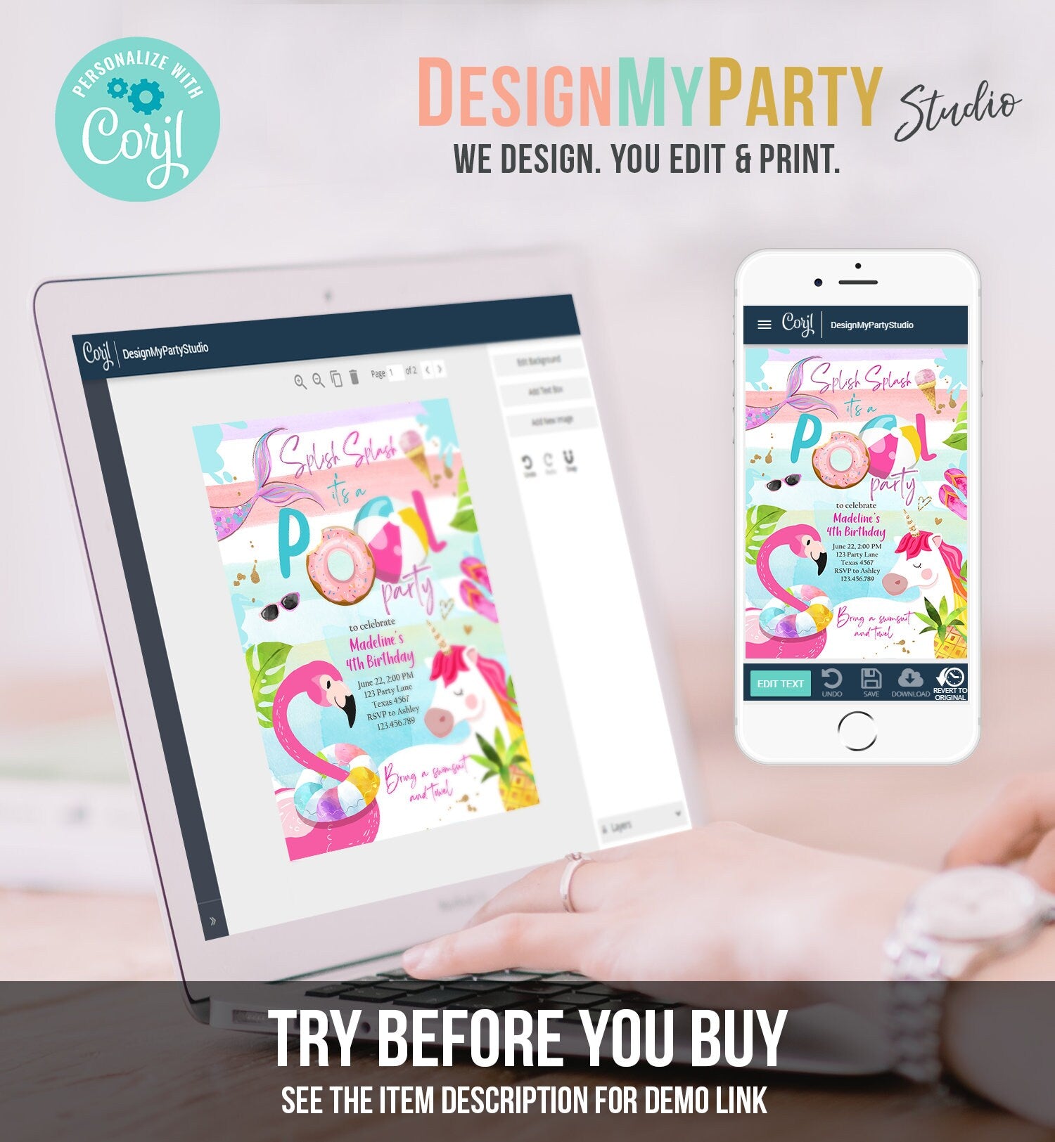 Editable Pool Party Invitation Pool Party Bash Invite Girl Pink Unicorn Float Flamingo Tropical Download Printable Template Corjl 0416