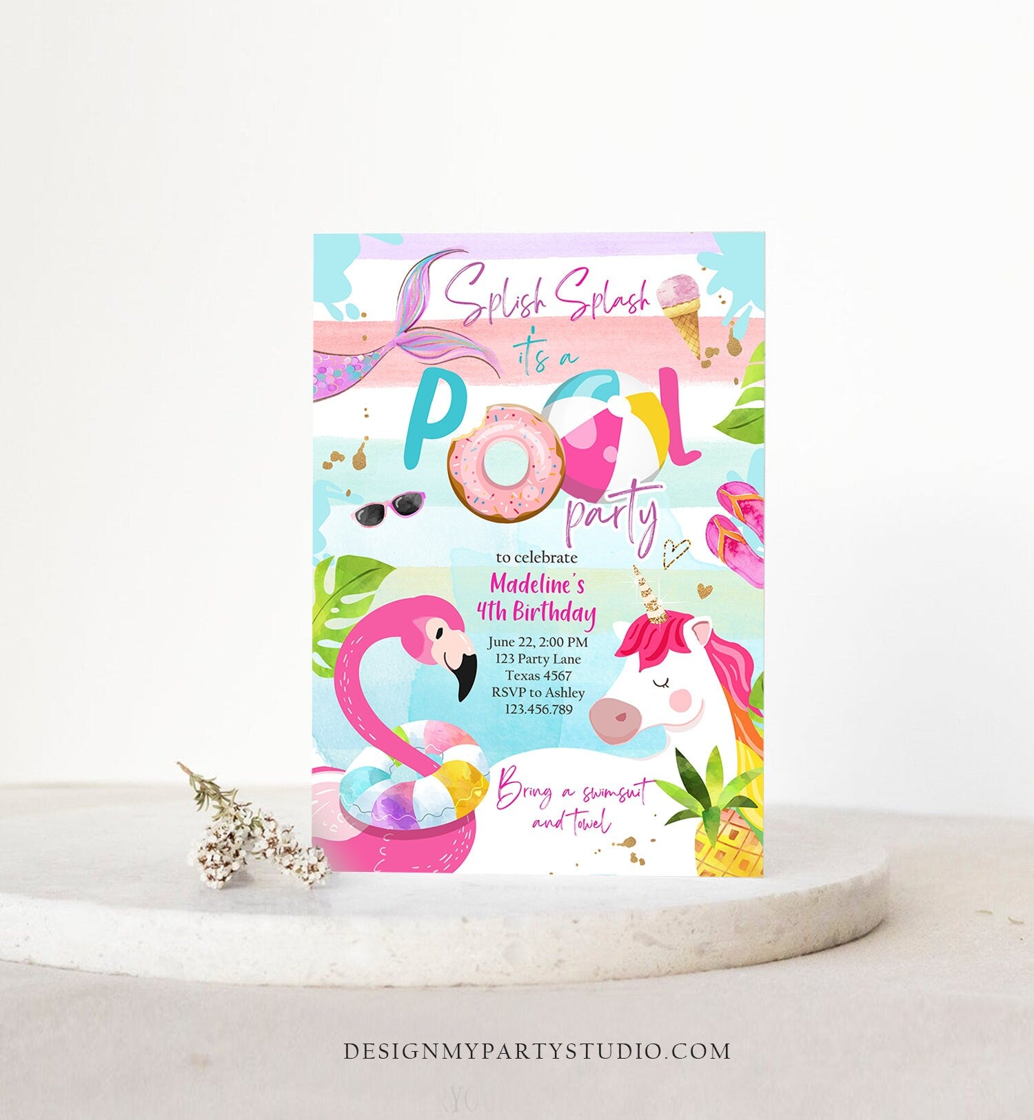 Editable Pool Party Invitation Pool Party Bash Invite Girl Pink Unicorn Float Flamingo Tropical Download Printable Template Corjl 0416