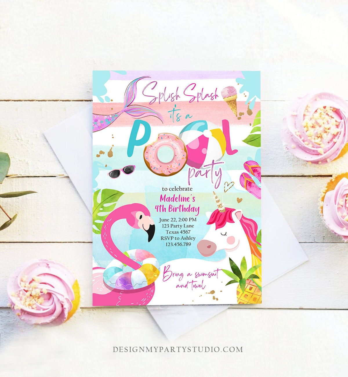 Editable Pool Party Invitation Pool Party Bash Invite Girl Pink Unicorn Float Flamingo Tropical Download Printable Template Corjl 0416