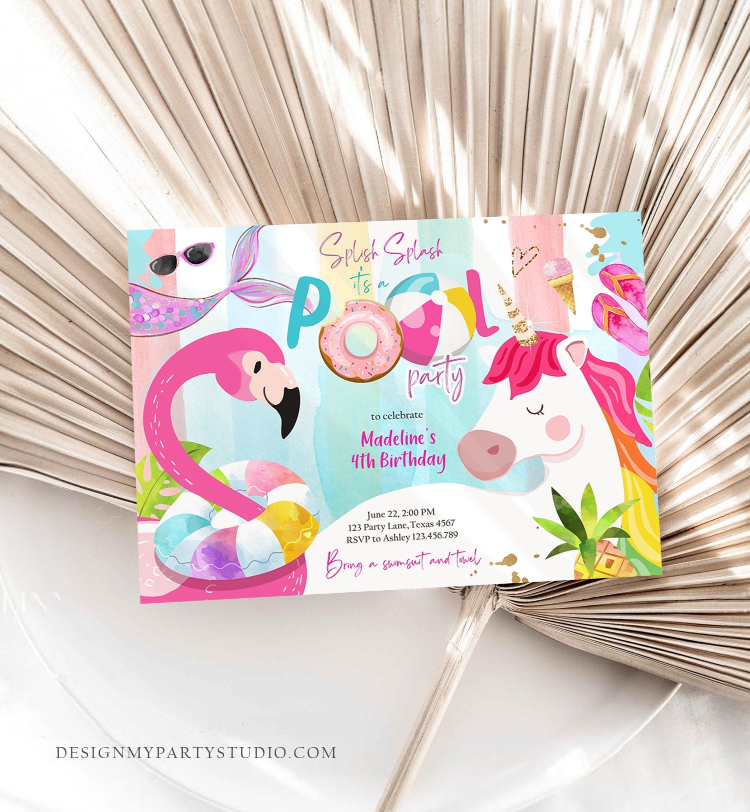 Editable Pool Party Invitation Pool Party Bash Invite Girl Pink Unicorn Float Flamingo Tropical Download Printable Template Corjl 0416