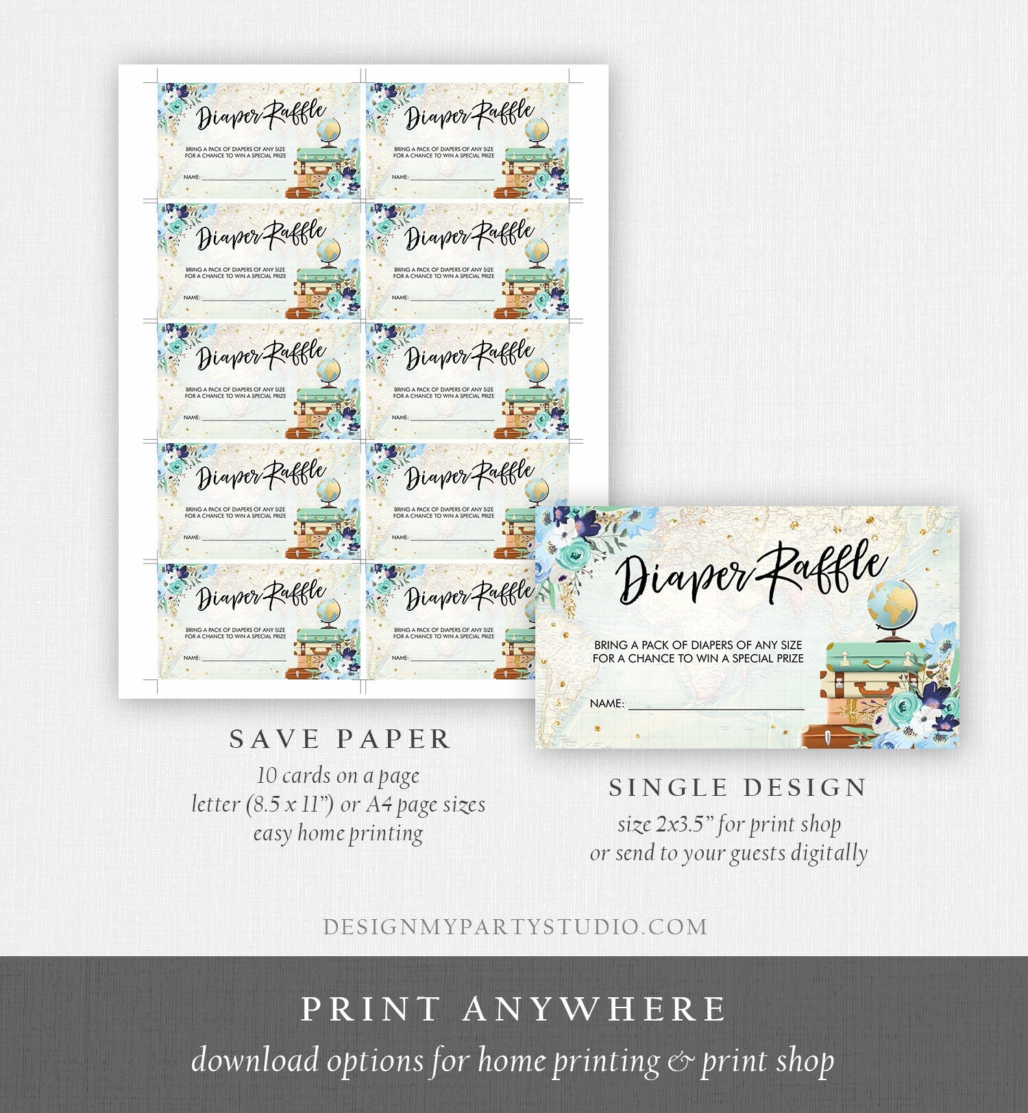 Editable Travel Diaper Raffle Ticket Baby Shower Diaper Game Journey Adventure Suitcases Globe Floral Blue Corjl Template Printable 0030