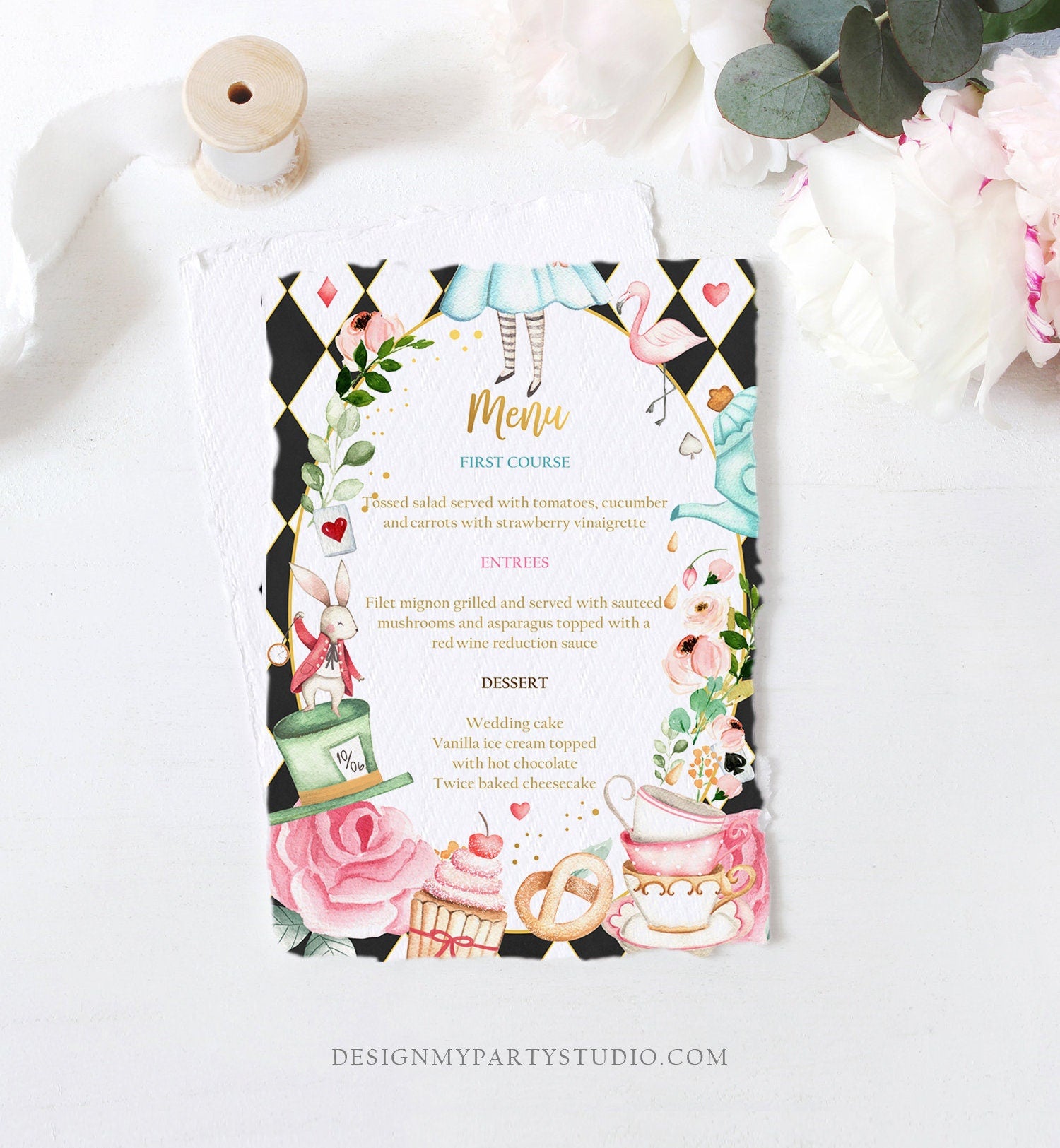 Editable Alice in Wonderland Menu Card Alice in Onederland Birthday Pink Menu Alice Decor Tea Party Download Corjl Template Printable 0350