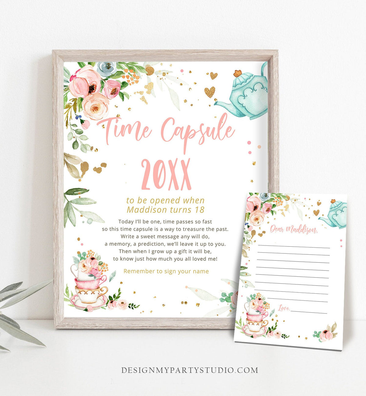 Editable Tea Party Time Capsule Birthday Party Baby Shower Sprinkle Floral Pink Gold Blush Bubbly Guestbook Corjl Template Printable 0349