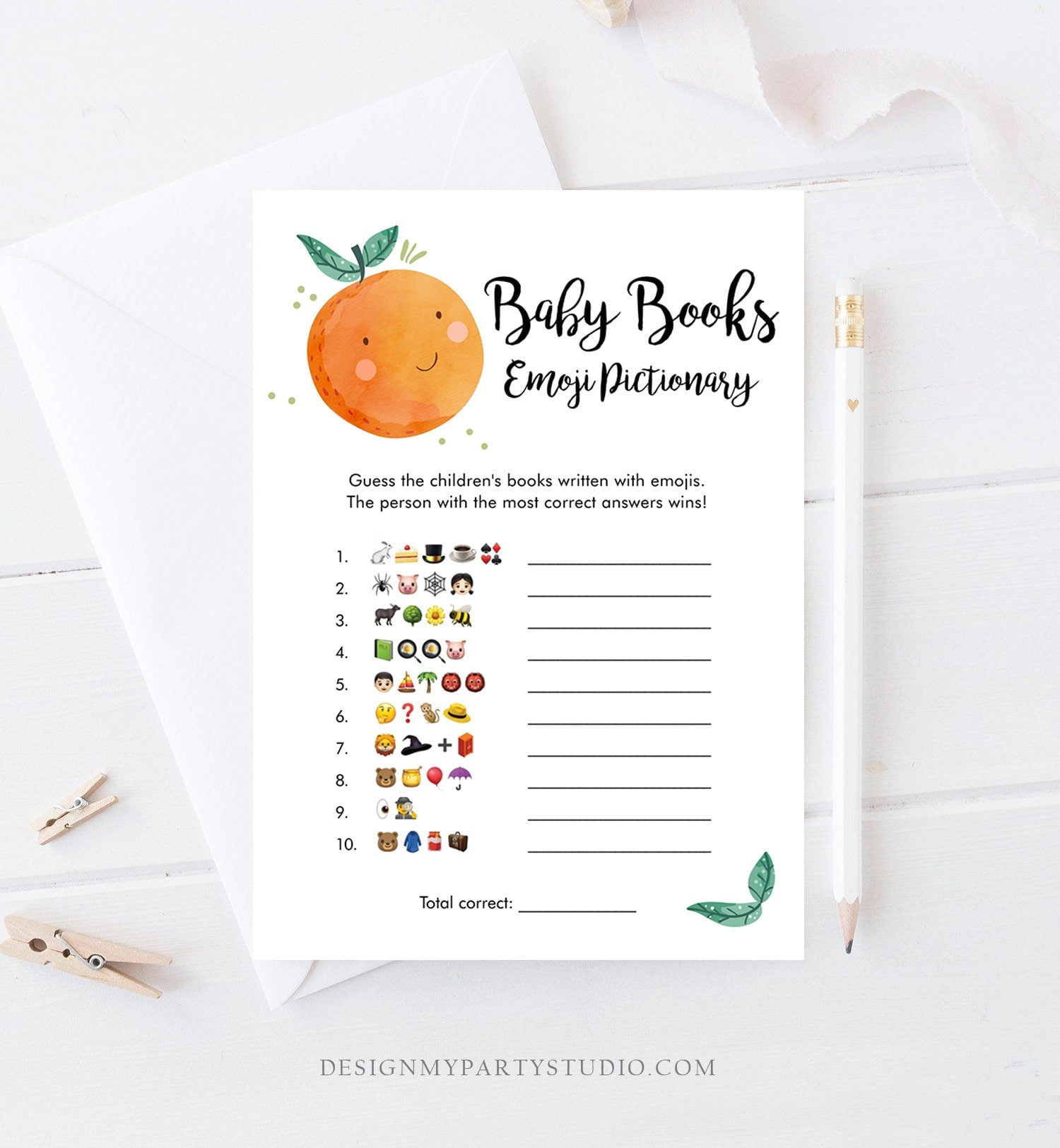 Editable Emoji Pictionary Baby Shower Game Card Little Cutie Orange Clementine Emoticons Search Activity Download Template Corjl 0330