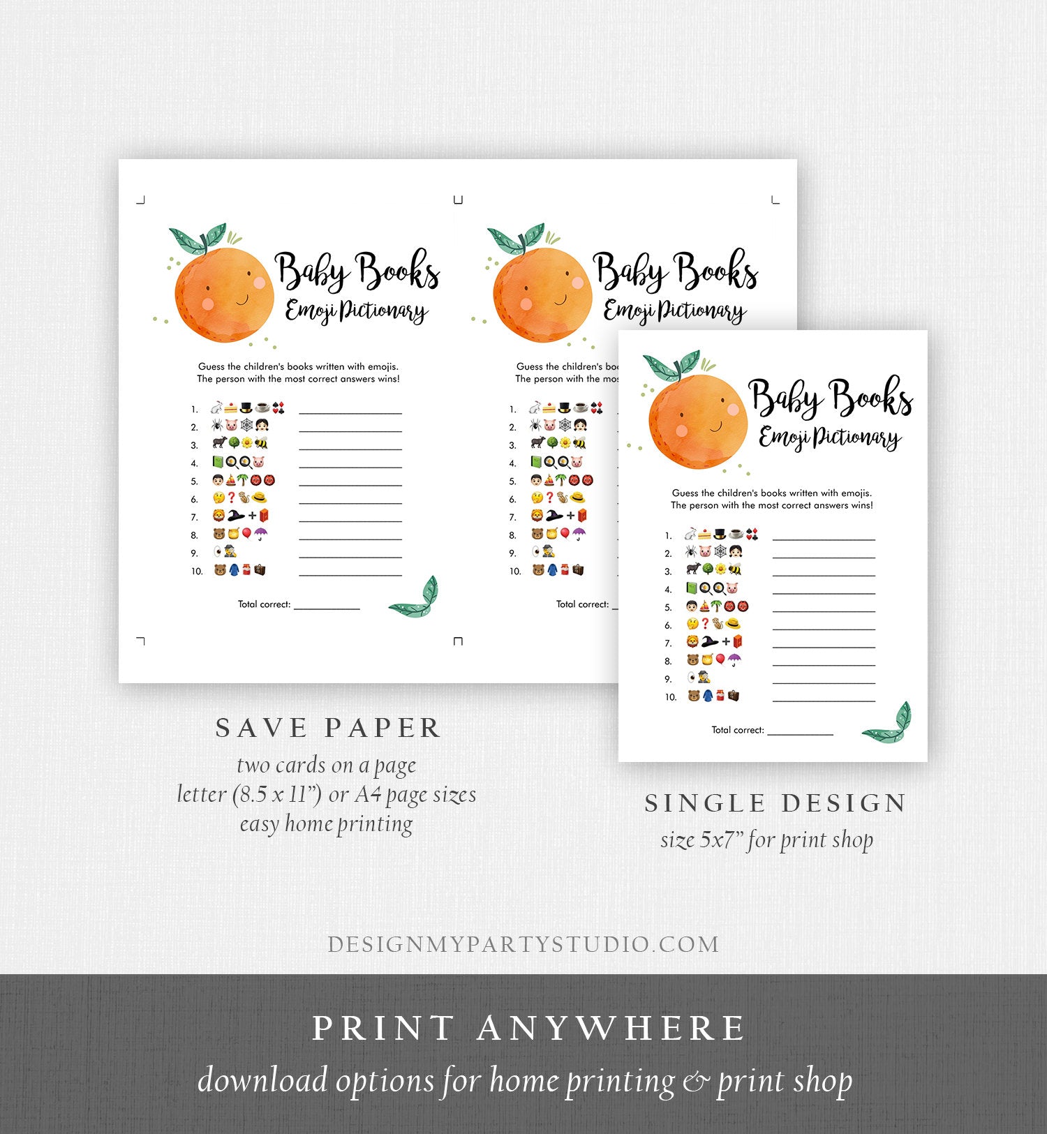 Editable Emoji Pictionary Baby Shower Game Card Little Cutie Orange Clementine Emoticons Search Activity Download Template Corjl 0330