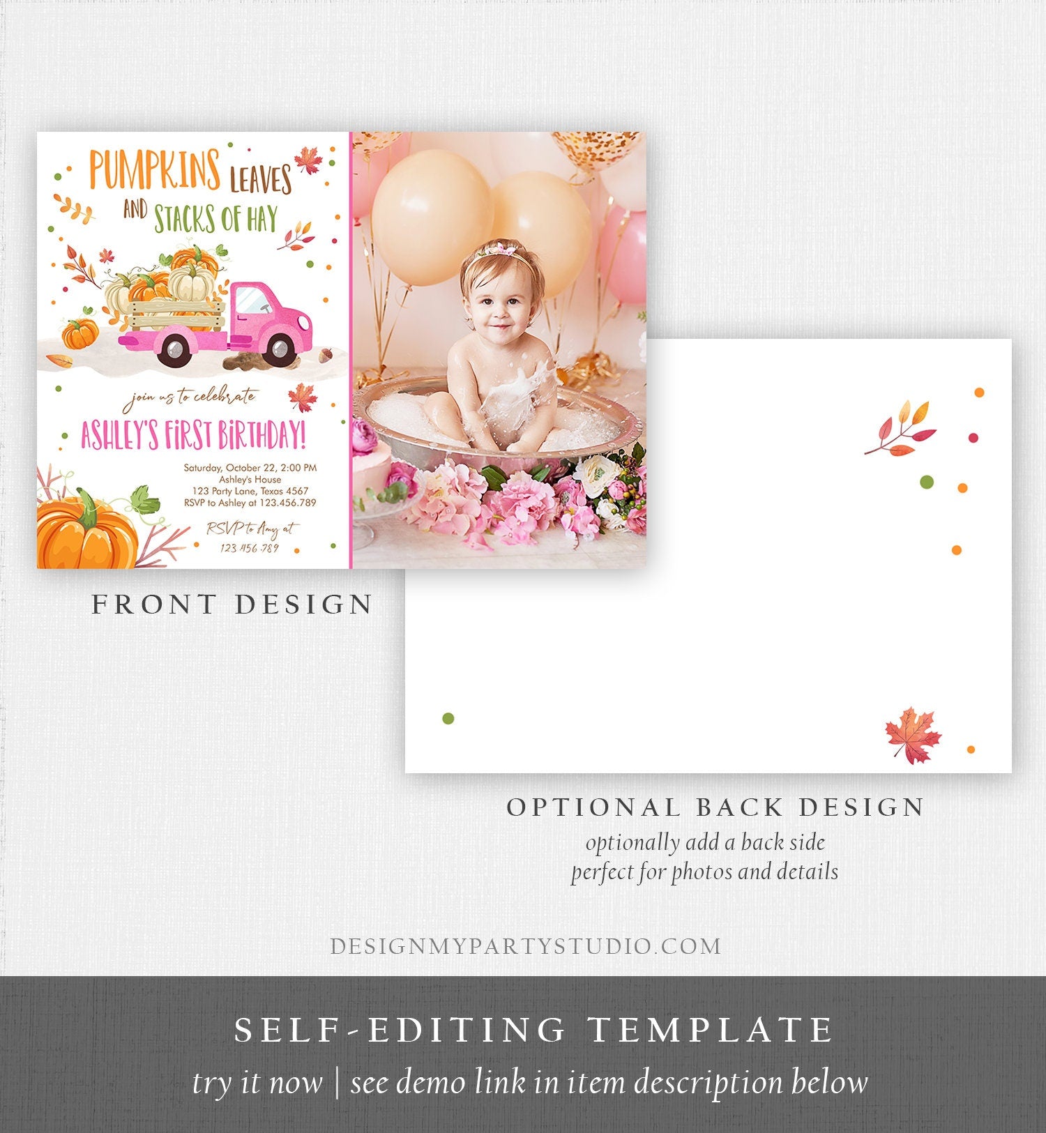 Editable Little Pumpkin Truck Birthday Invitation Pink Girl First Birthday Party Leaves Fall Orange Download Corjl Template Printable 0153