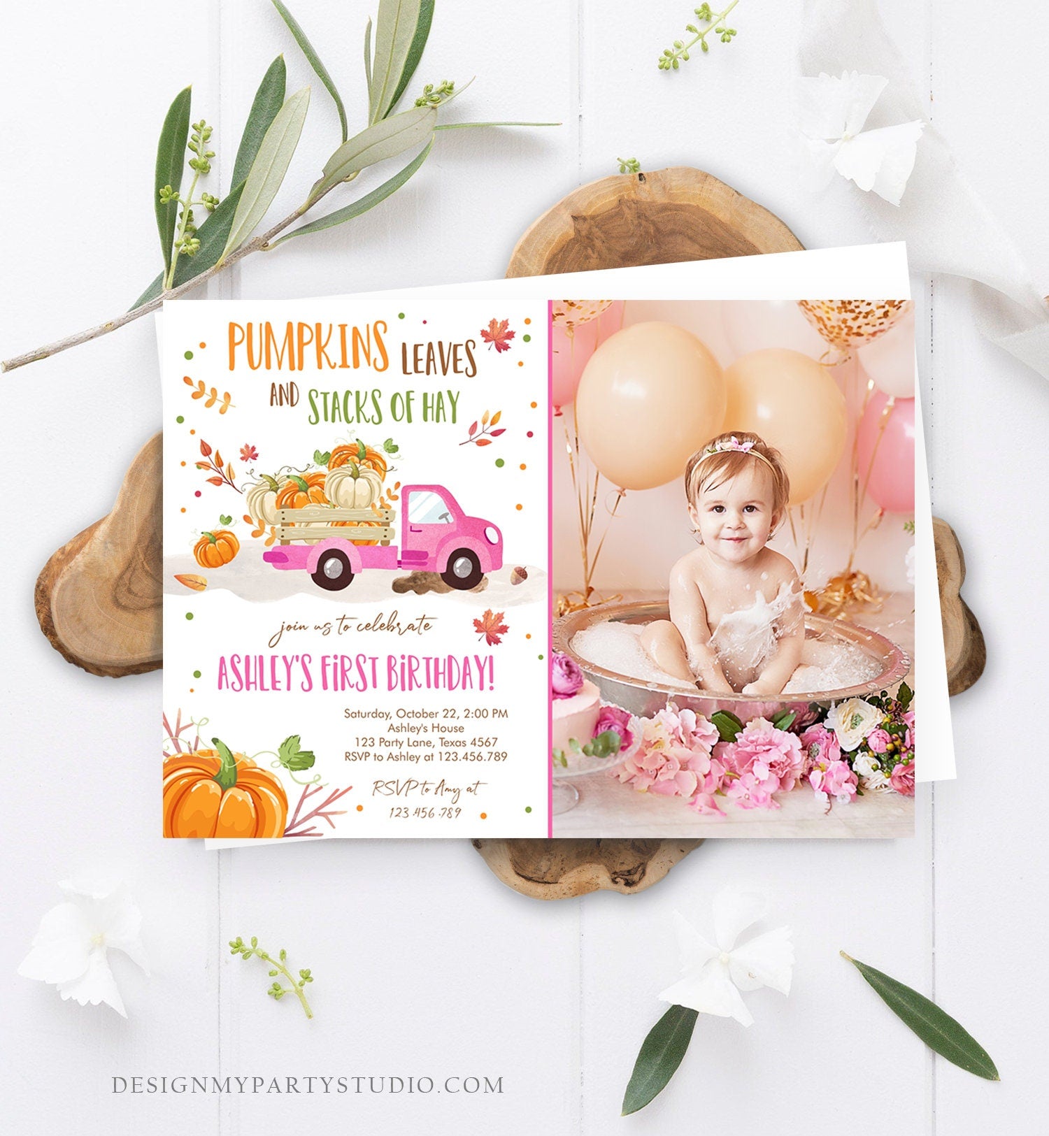 Editable Little Pumpkin Truck Birthday Invitation Pink Girl First Birthday Party Leaves Fall Orange Download Corjl Template Printable 0153