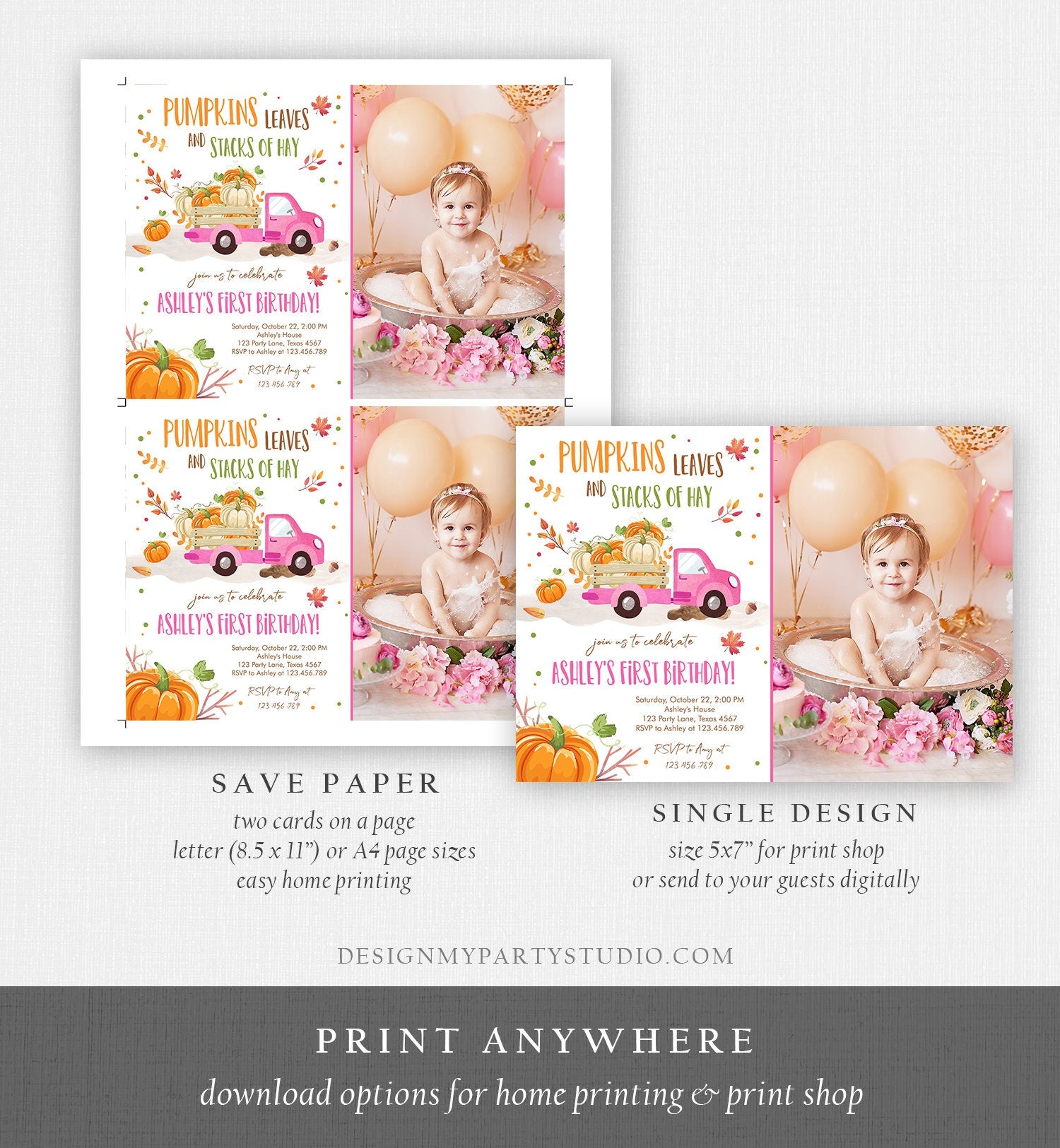 Editable Little Pumpkin Truck Birthday Invitation Pink Girl First Birthday Party Leaves Fall Orange Download Corjl Template Printable 0153