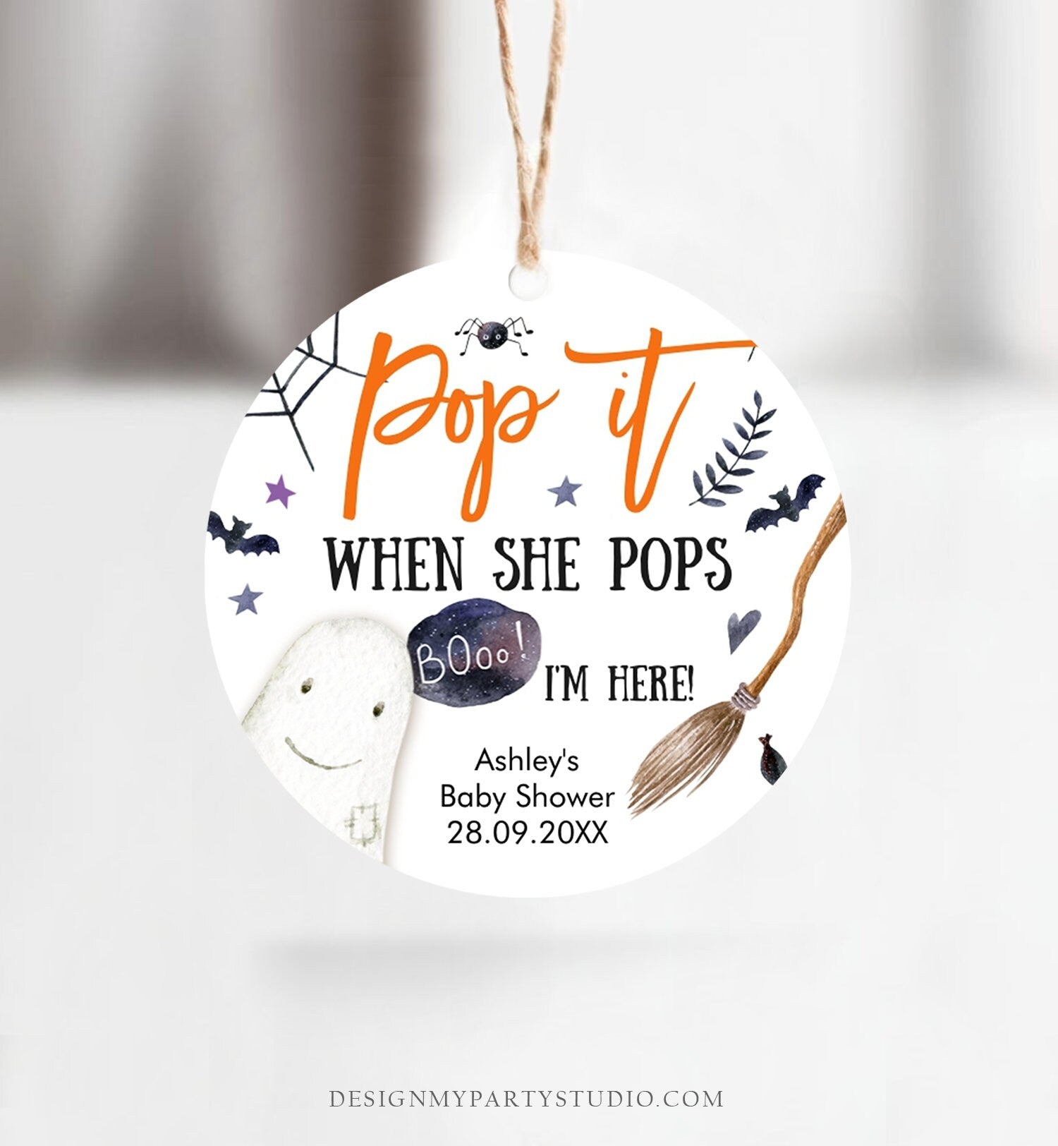 Editable Pop It When She Pops Tags Halloween Baby Shower Peek a Boo Tag Stickers Champagne Favor Labels Ready to Pop Template Corjl 0199