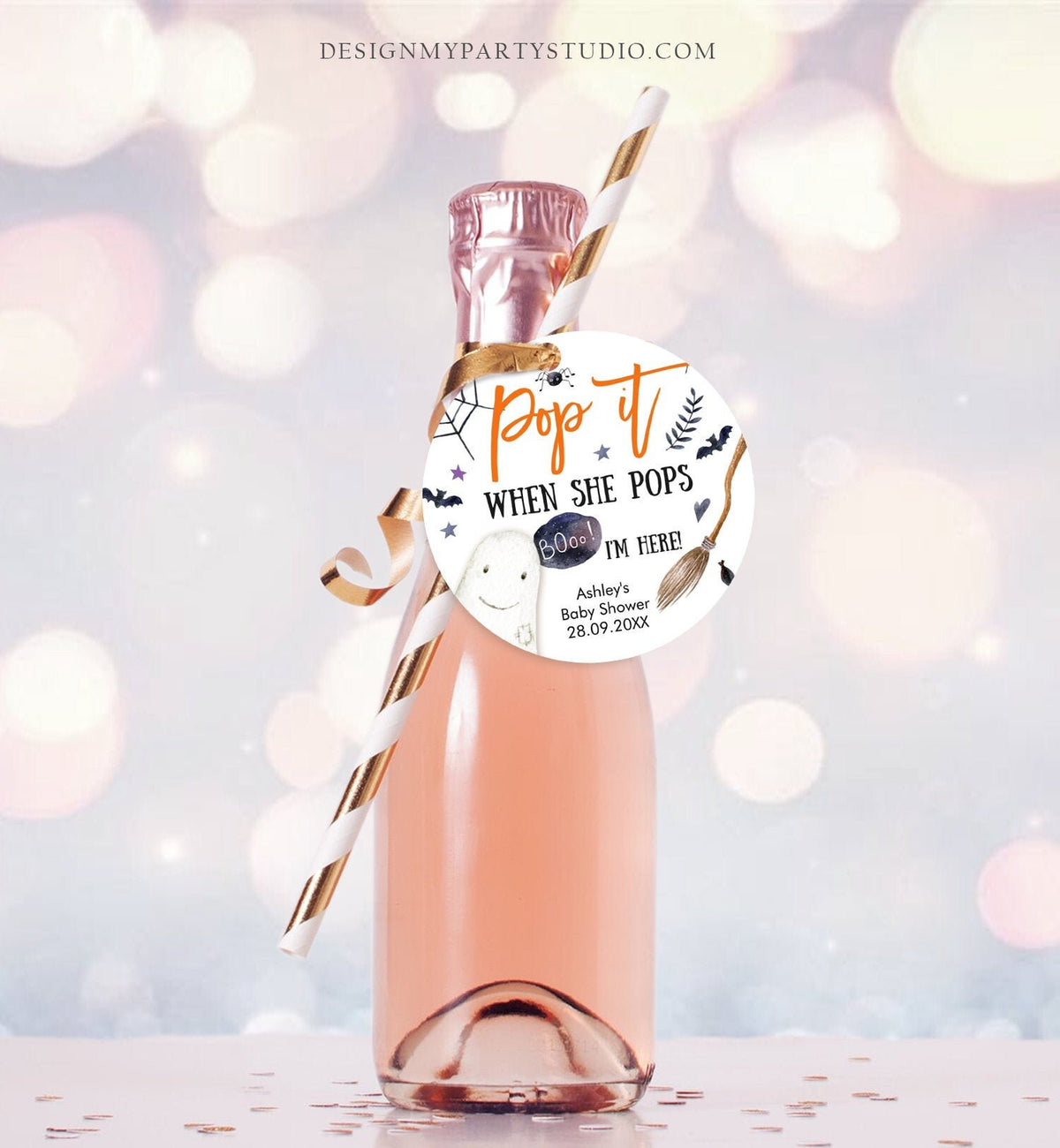 Editable Pop It When She Pops Tags Halloween Baby Shower Peek a Boo Tag Stickers Champagne Favor Labels Ready to Pop Template Corjl 0199