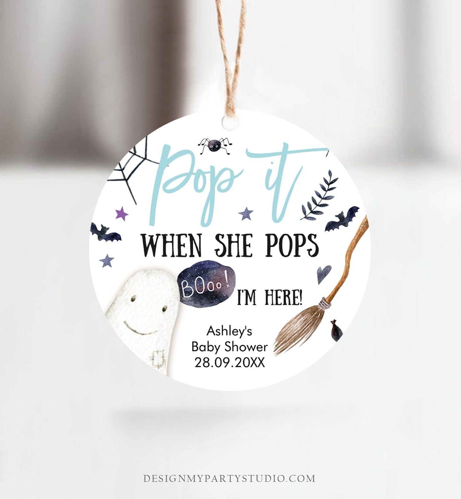 Editable Pop It When She Pops Tags Halloween Boy Baby Shower Peek a Boo Tag Stickers Champagne Favor Labels Ready to Pop Template Corjl 0199