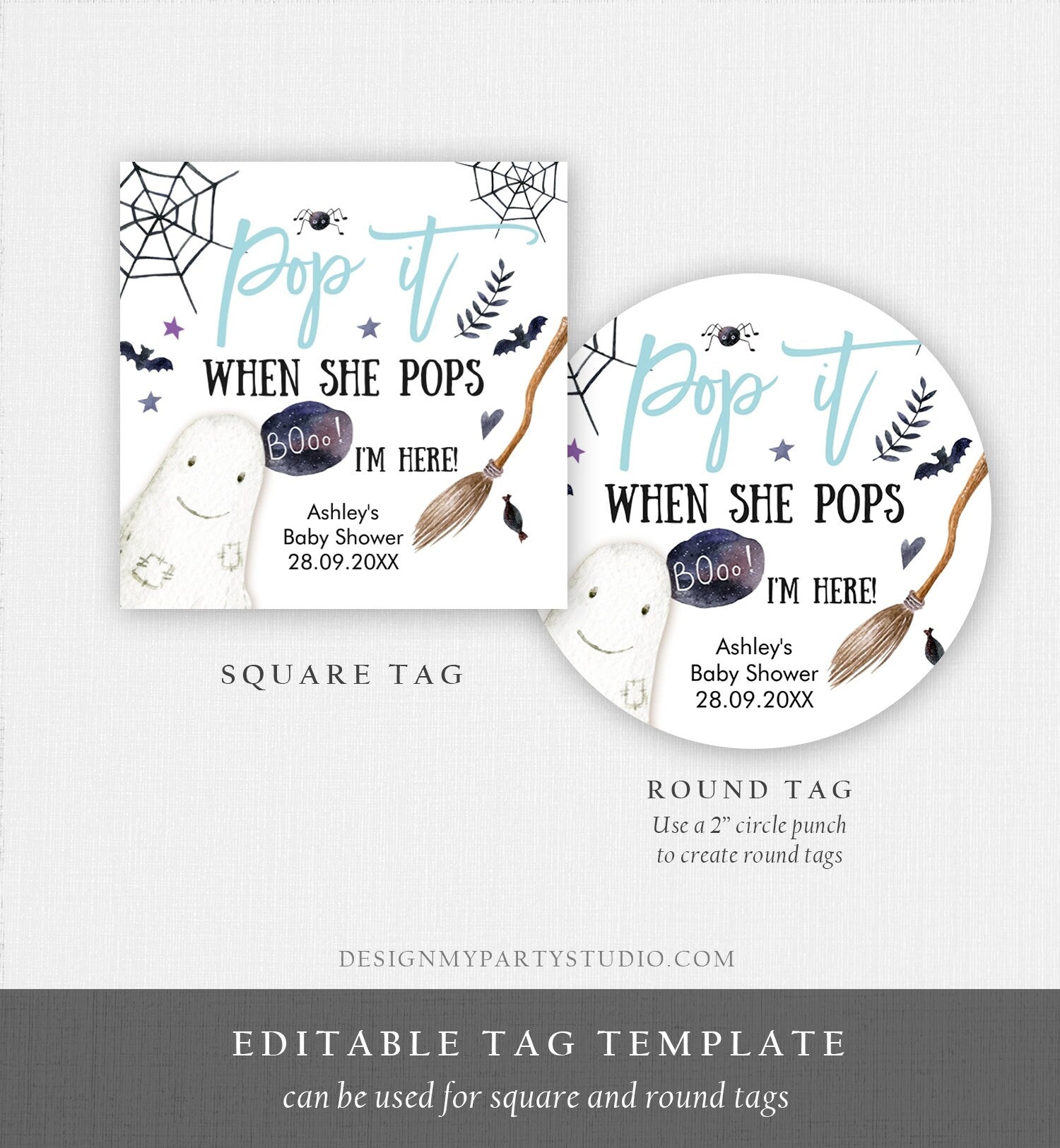 Editable Pop It When She Pops Tags Halloween Boy Baby Shower Peek a Boo Tag Stickers Champagne Favor Labels Ready to Pop Template Corjl 0199