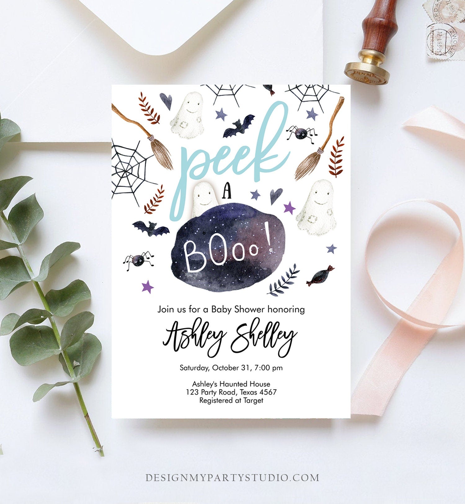 Editable Peek A Boo Baby Shower Invitation Cute Halloween Baby Shower Boy Blue Rustic Couples Shower Invite Printable Template Corjl 0199