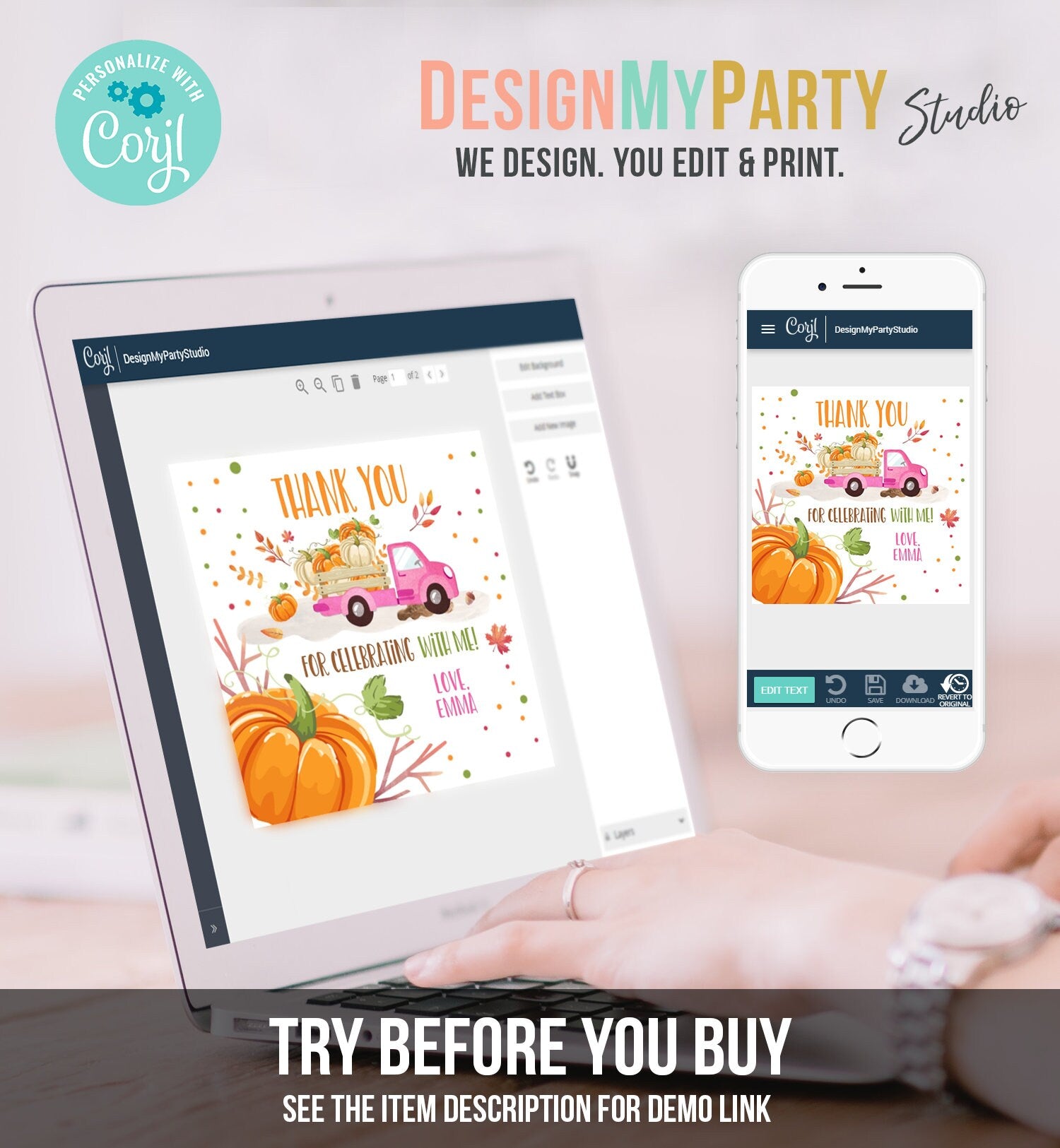 Editable Little Pumpkin Truck Favor Tag Girl Birthday Pumpkin Truck Thank You Sticker Label Fall Autumn Corjl Template Printable 0153