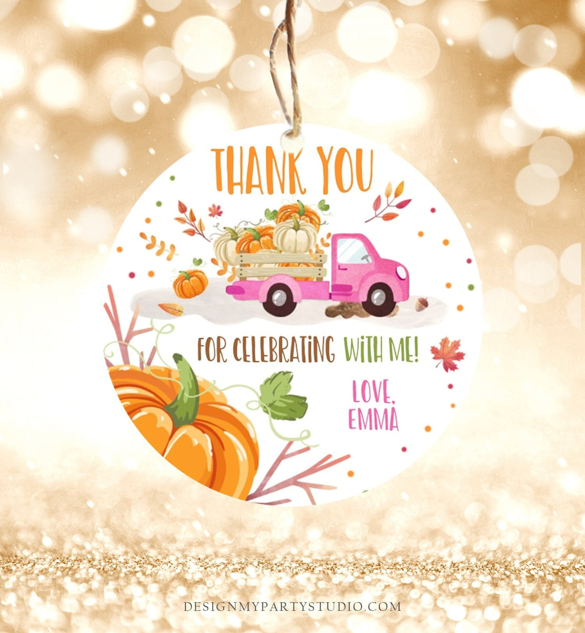 Editable Little Pumpkin Truck Favor Tag Girl Birthday Pumpkin Truck Thank You Sticker Label Fall Autumn Corjl Template Printable 0153