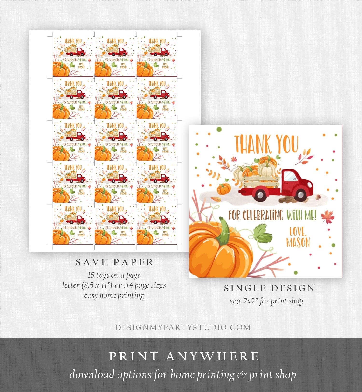 Editable Little Pumpkin Truck Favor Tag Boy Birthday Pumpkin Red Truck Thank You Sticker Label Fall Autumn Corjl Template Printable 0153