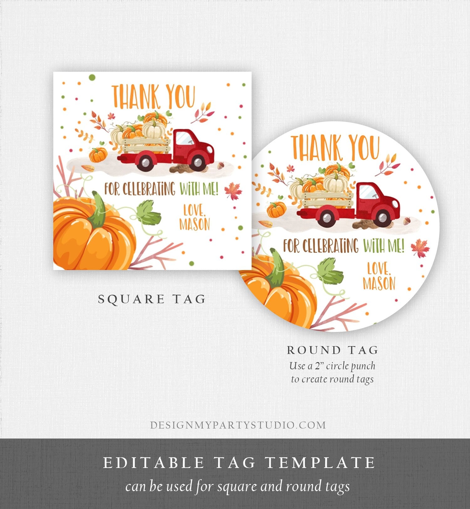 Editable Little Pumpkin Truck Favor Tag Boy Birthday Pumpkin Red Truck Thank You Sticker Label Fall Autumn Corjl Template Printable 0153