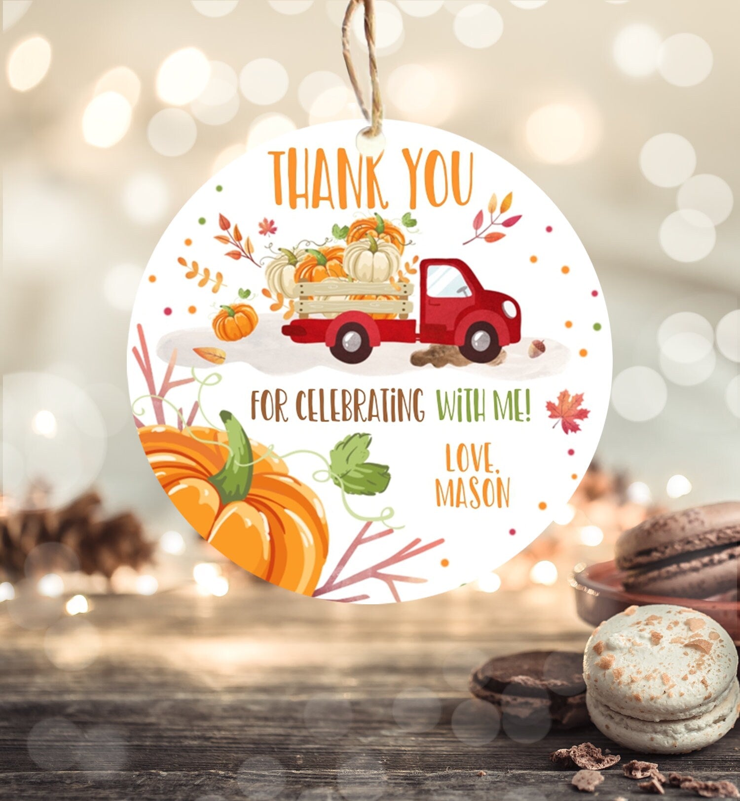 Editable Little Pumpkin Truck Favor Tag Boy Birthday Pumpkin Red Truck Thank You Sticker Label Fall Autumn Corjl Template Printable 0153