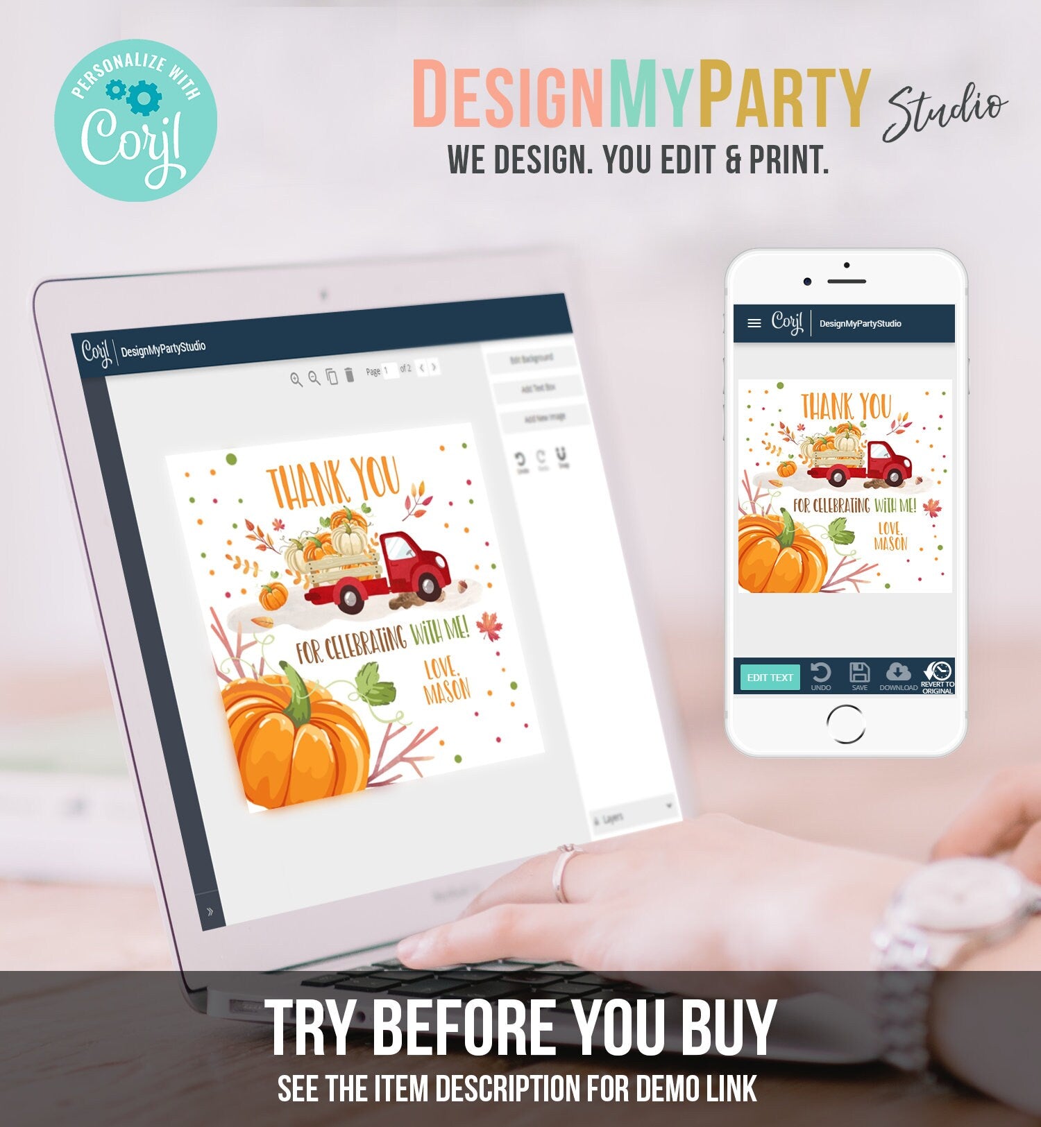 Editable Little Pumpkin Truck Favor Tag Boy Birthday Pumpkin Red Truck Thank You Sticker Label Fall Autumn Corjl Template Printable 0153