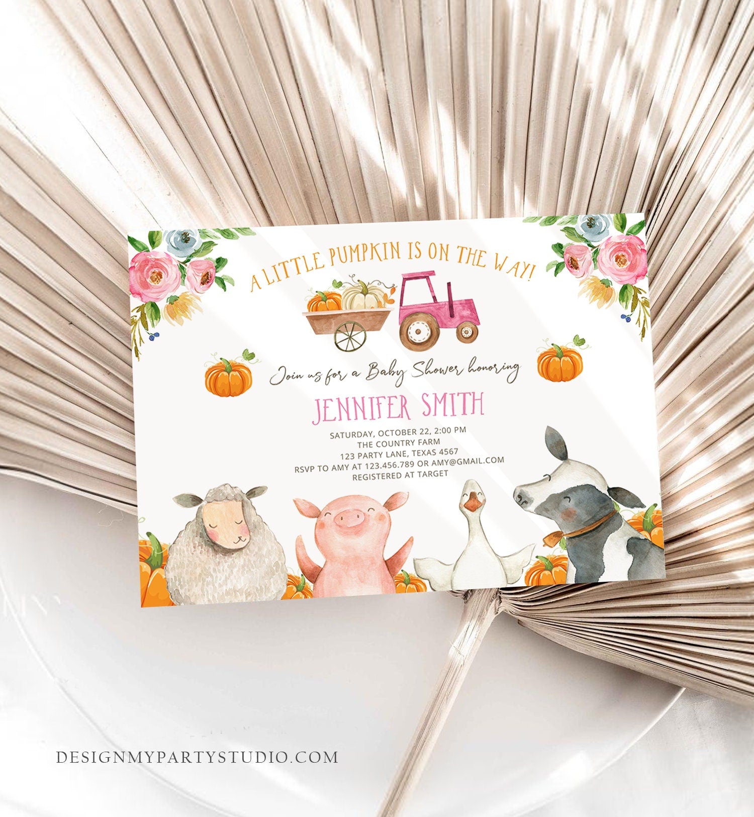 Editable Farm Baby Shower Invitation Pumpkin Girl Farm Animals Pink Barnyard Fall Sprinkle Digital Download Corjl Template Printable 0155