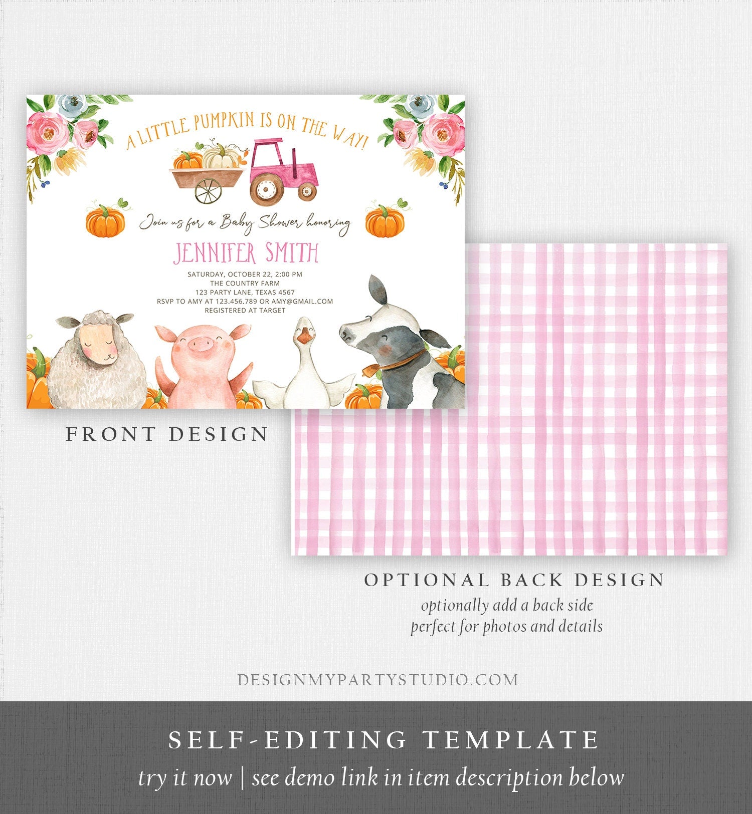 Editable Farm Baby Shower Invitation Pumpkin Girl Farm Animals Pink Barnyard Fall Sprinkle Digital Download Corjl Template Printable 0155