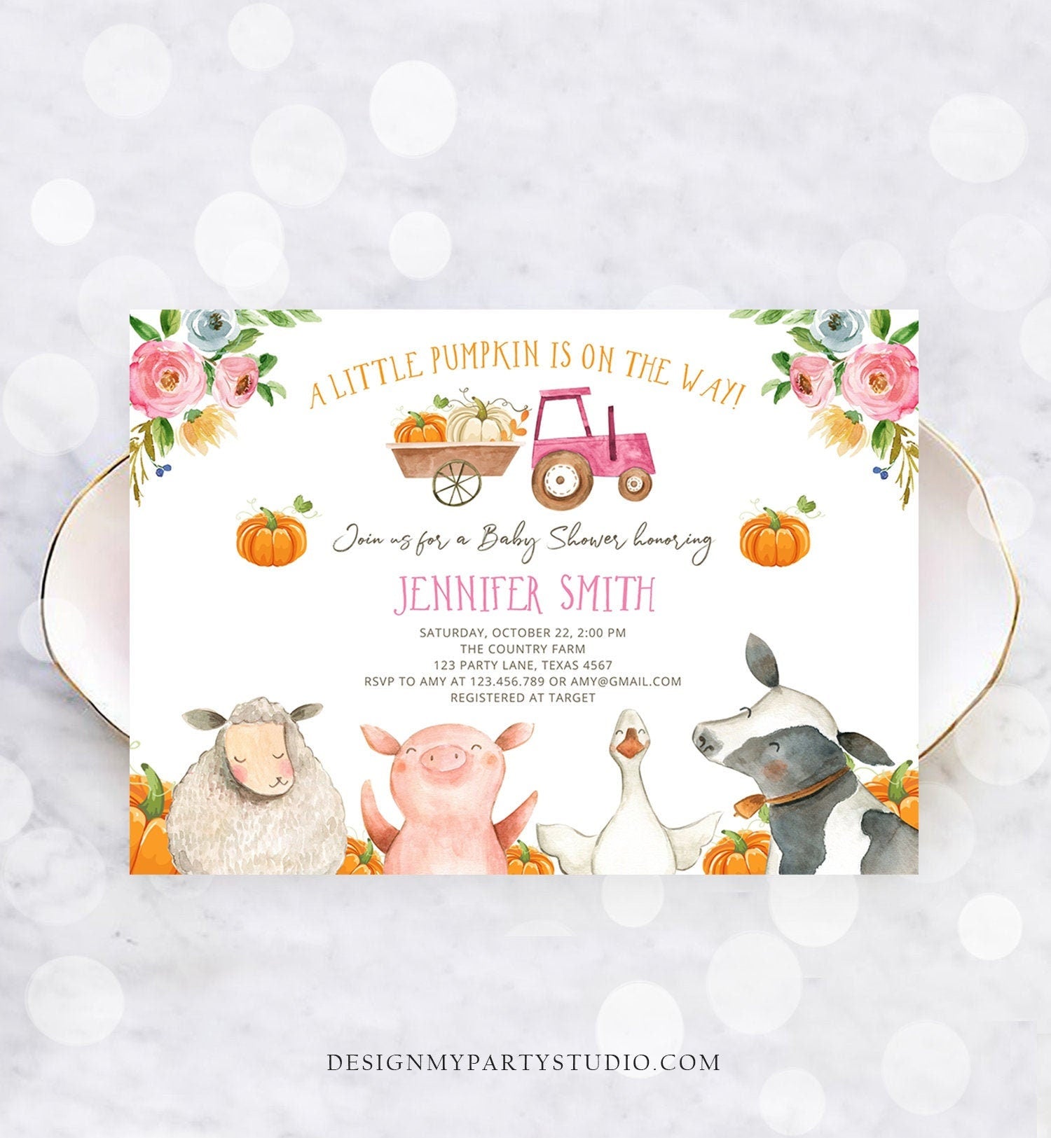 Editable Farm Baby Shower Invitation Pumpkin Girl Farm Animals Pink Barnyard Fall Sprinkle Digital Download Corjl Template Printable 0155