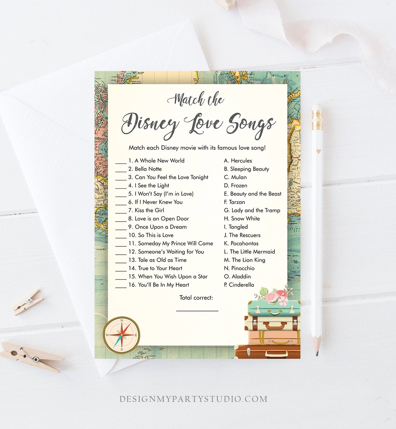 Editable Disney Love Songs Bridal Shower Game Quotes Traveling Adventure Coed Shower Games Wedding Activity Corjl Template Printable 0044