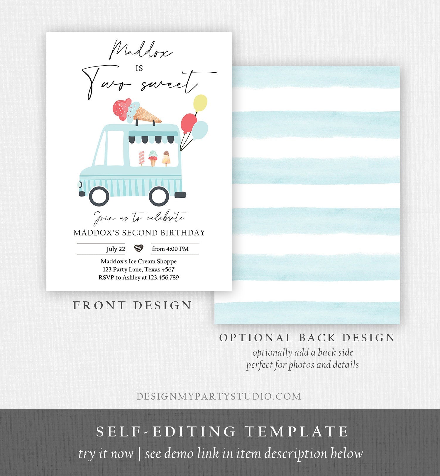 Editable Ice Cream Truck Birthday Invitation Ice Cream Two Sweet Modern 2nd Birthday Party Two Second Download Printable Template Corjl 0415