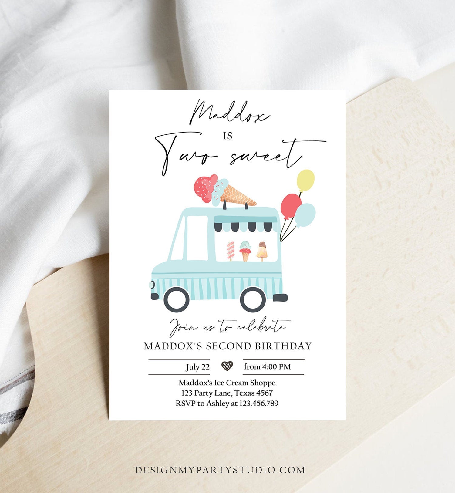 Editable Ice Cream Truck Birthday Invitation Ice Cream Two Sweet Modern 2nd Birthday Party Two Second Download Printable Template Corjl 0415