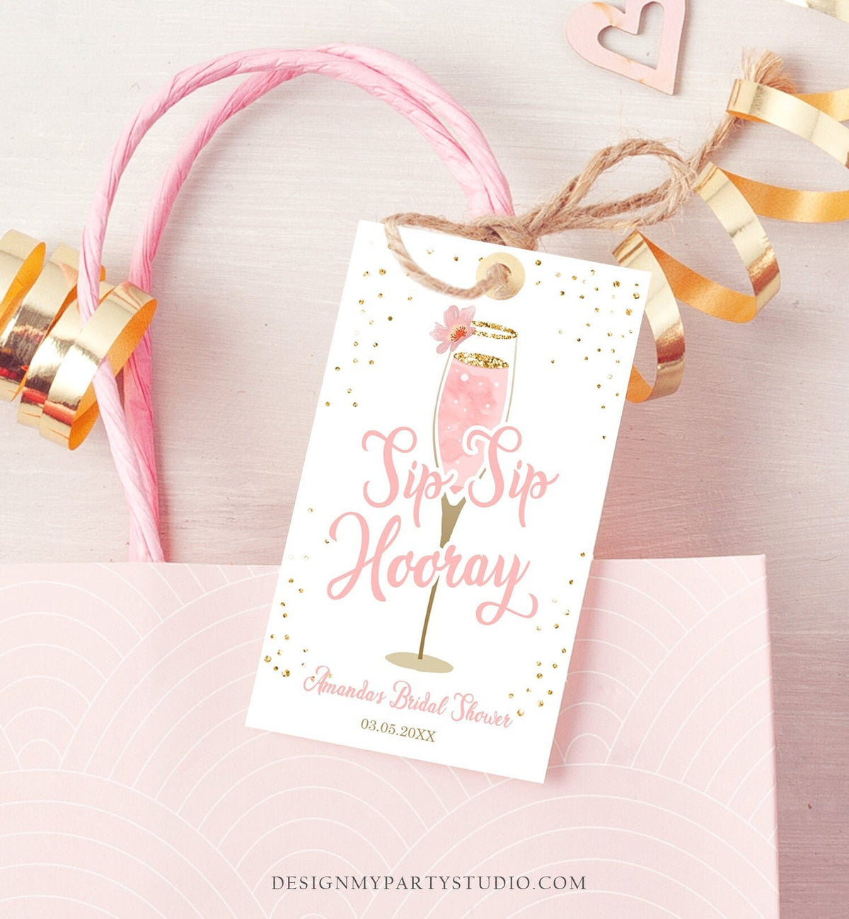 Editable Sip Sip Hooray Favor Tag Brunch and Bubbly Bridal Shower Thank You Blush Pink Gold Champagne Floral Corjl Template Printable 0150